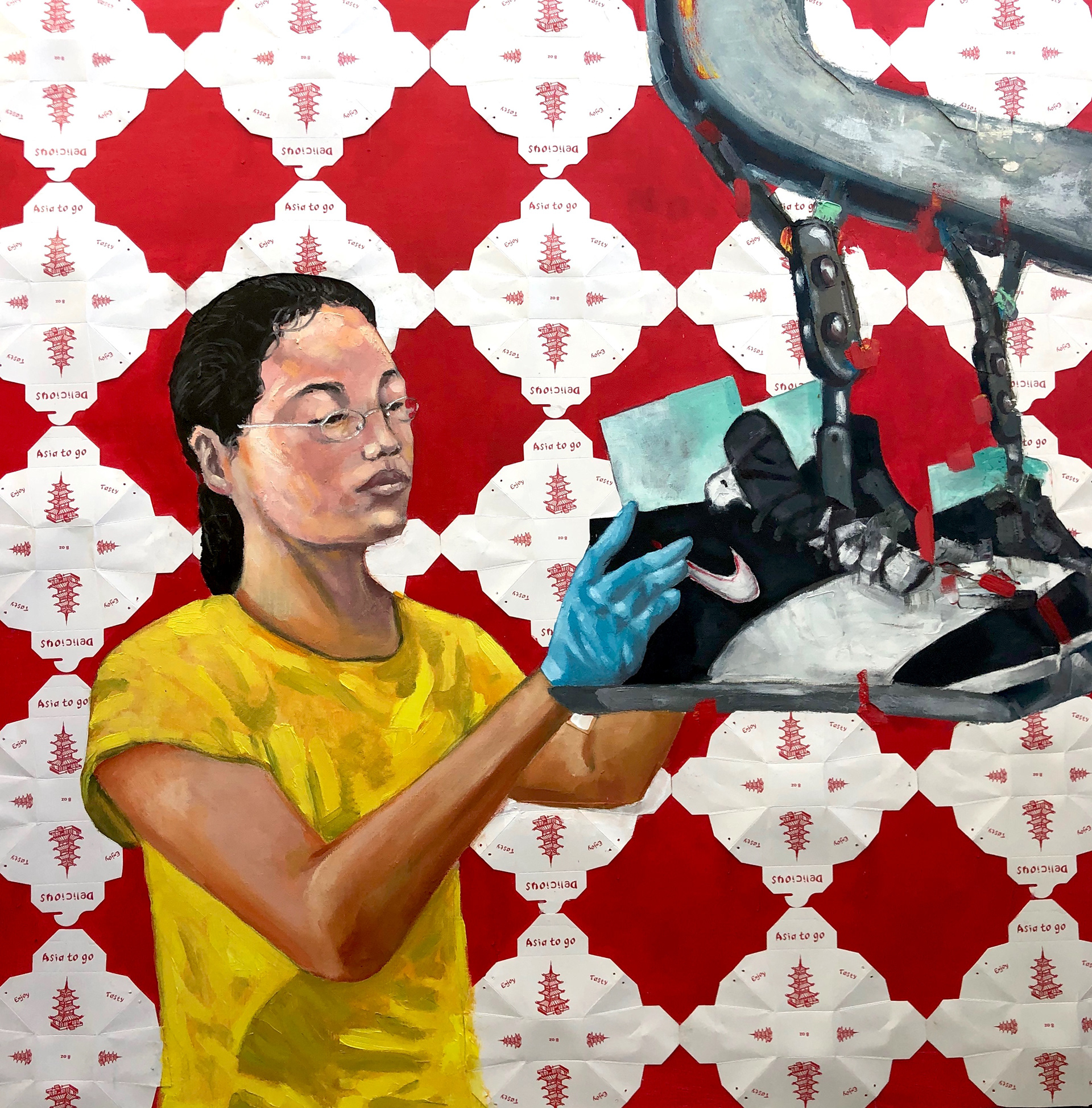 Made in China (48in X48in, Oil, acrylic, and collaged take out boxes)