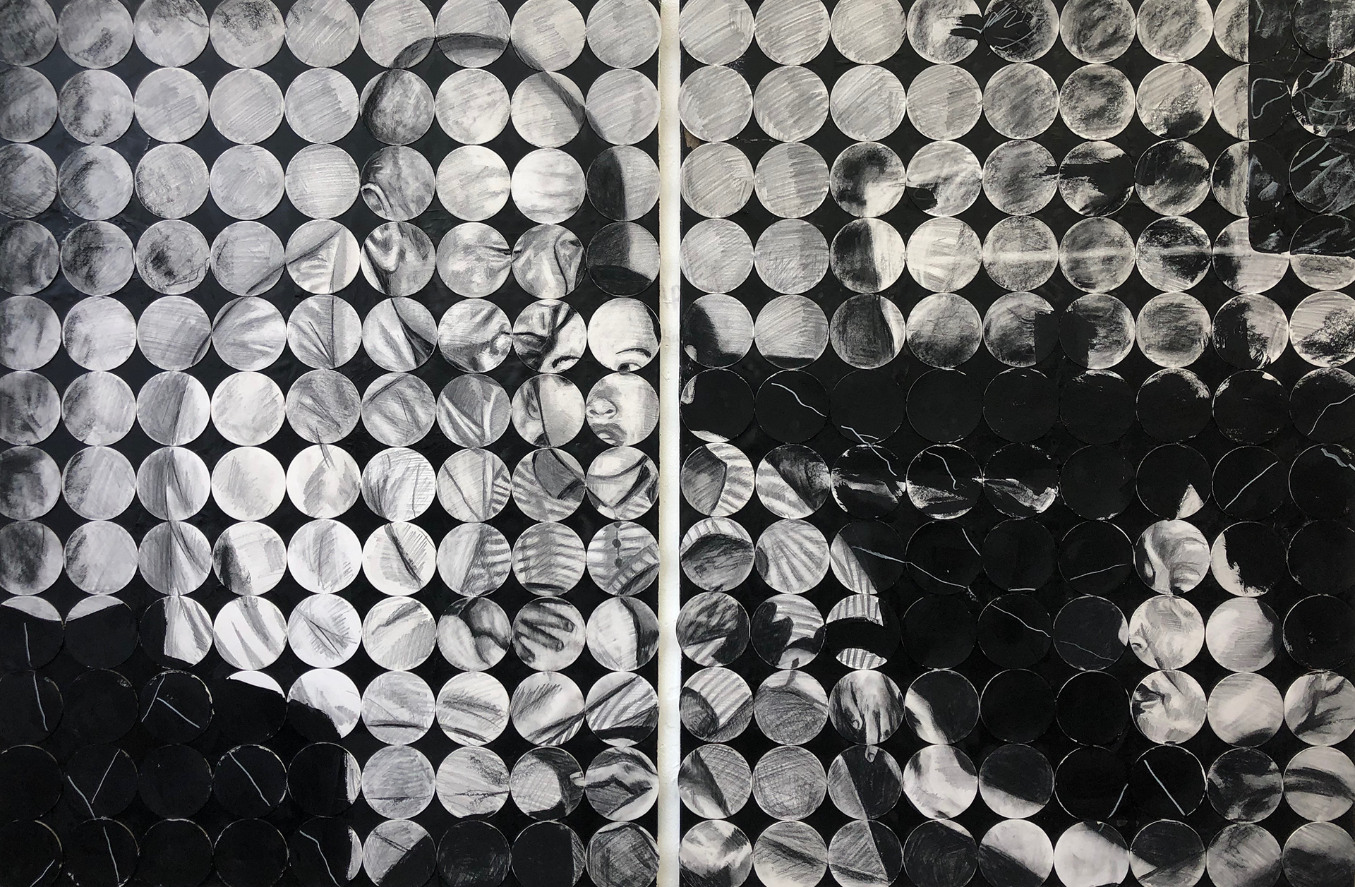 Familial Fractals (48in X 72in, charcoal, acrylic, paper coasters on canvas)