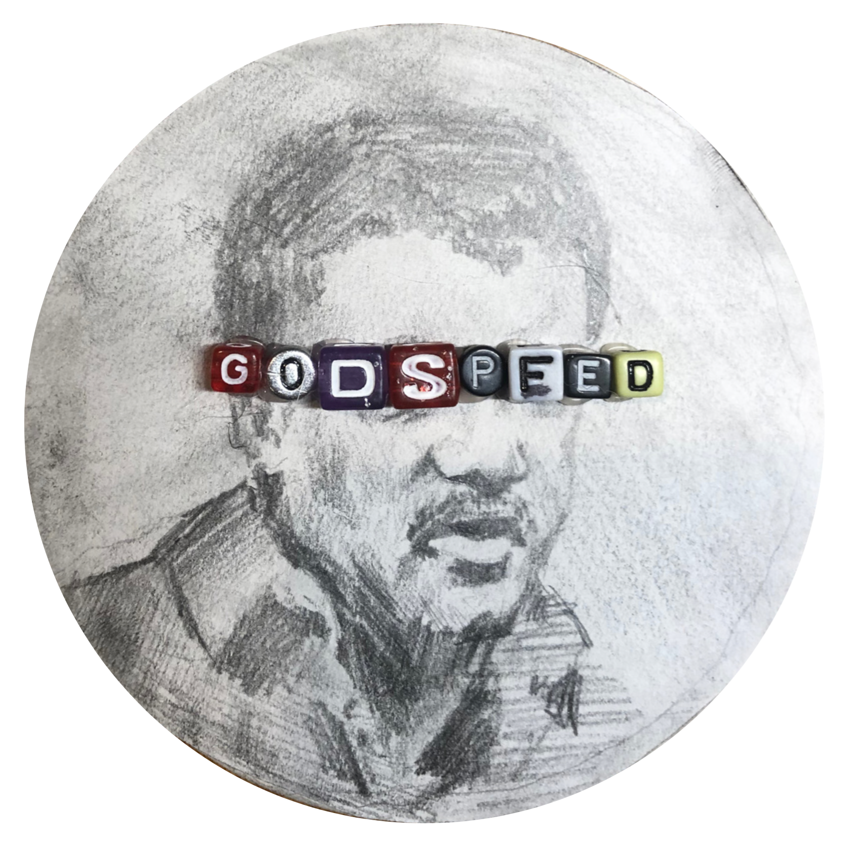 Fake Candy 3 (4in X 4in, graphite, beads, on paper coaster)