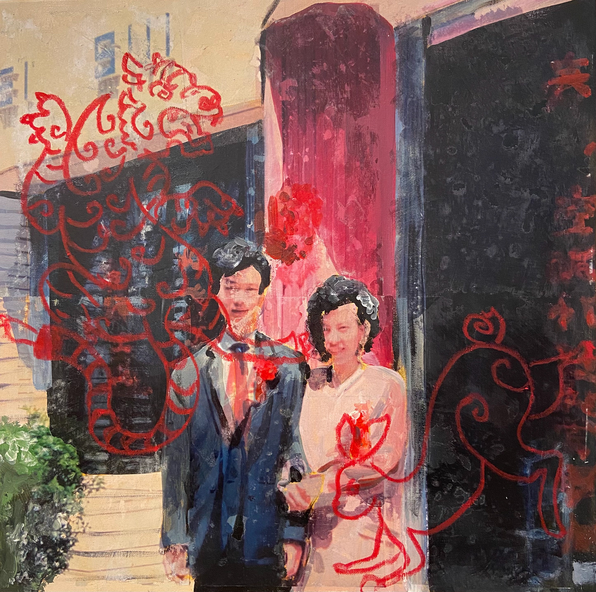 Familial Archive 4 (24inX24in, acrylic, gel transfer, pastel on canvas)