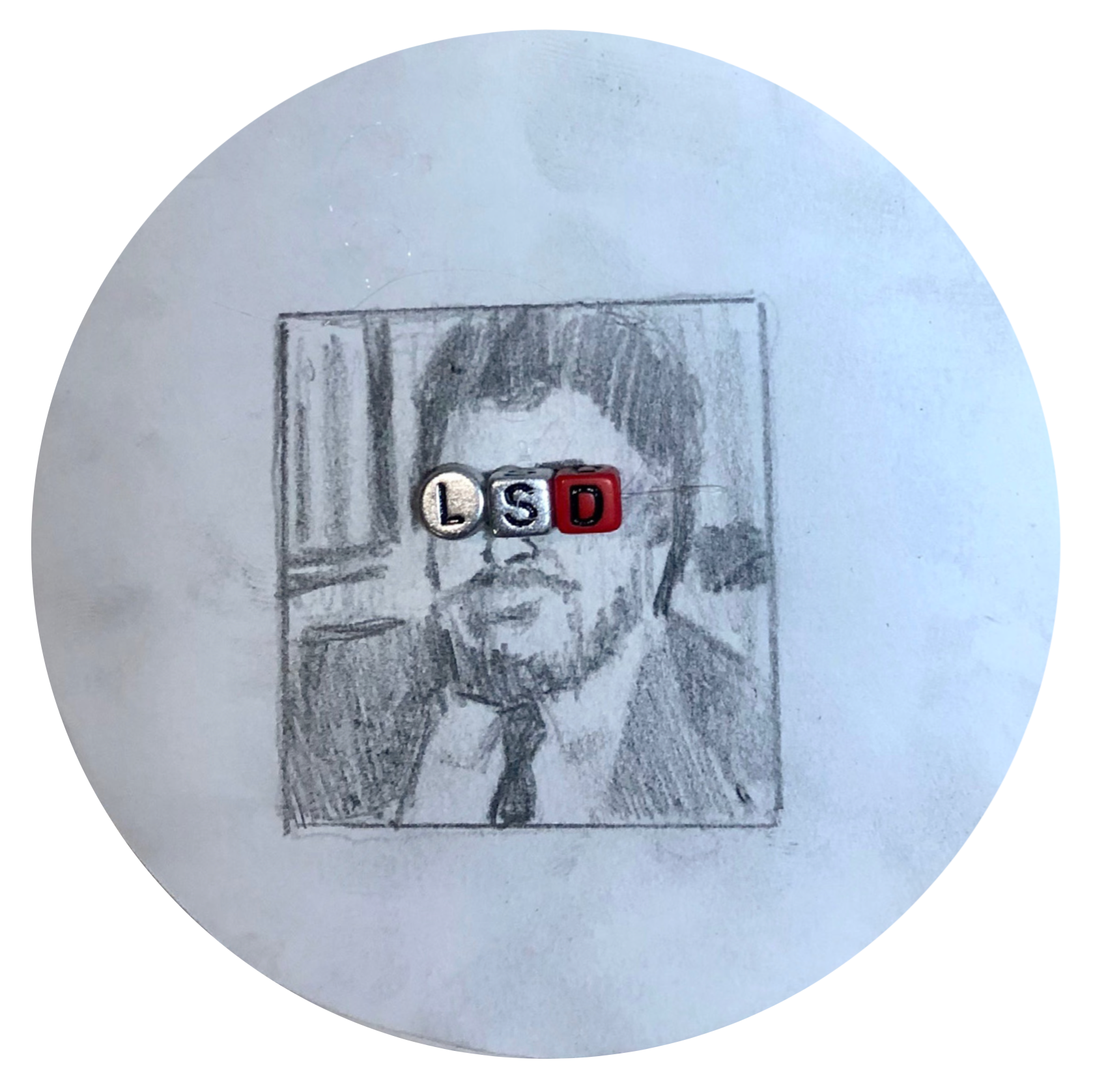 Fake Candy 2 (4in X 4in, graphite, beads, on paper coaster)