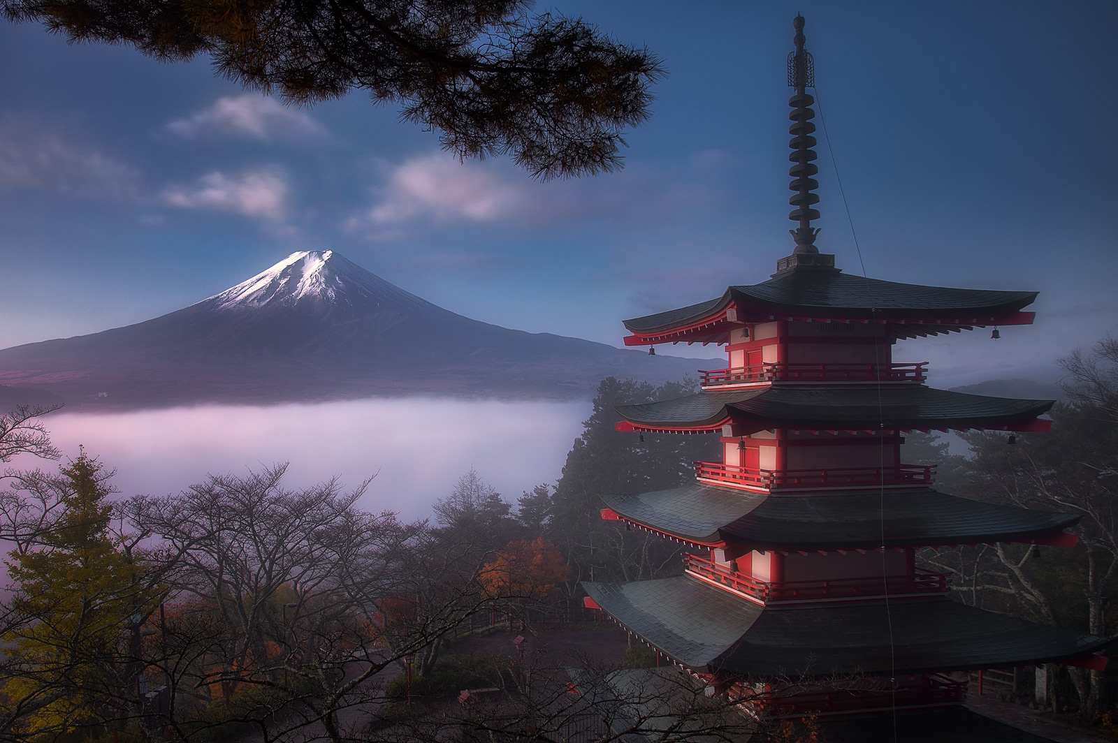 Chureito Pagoda and Mt Fuji with fog
