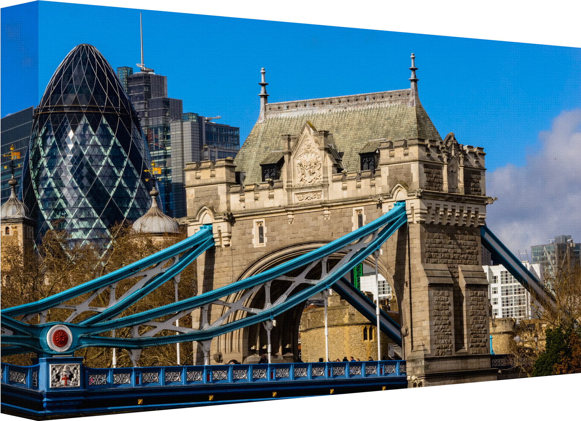 “Roof Garden” is a captivating image that showcases a striking juxtaposition of architectural styles in an urban landscape. The foreground features a section of the iconic Tower Bridge in London, with its distinctive blue framework and Victorian Gothic elements. Behind it, the scene is dominated by two contrasting buildings: on the left stands the modern Gherkin building, with its unique bullet shape and glass facade reflecting the sky; on the right is an older stone building adorned with classical sculptures and intricate carvings, presenting a more traditional aesthetic. This blend of old and new creates a dynamic visual narrative about London’s evolving skyline. The title “Roof Garden” refer to the greenery visible atop the older building, hinting at hidden natural spaces within this bustling cityscape.