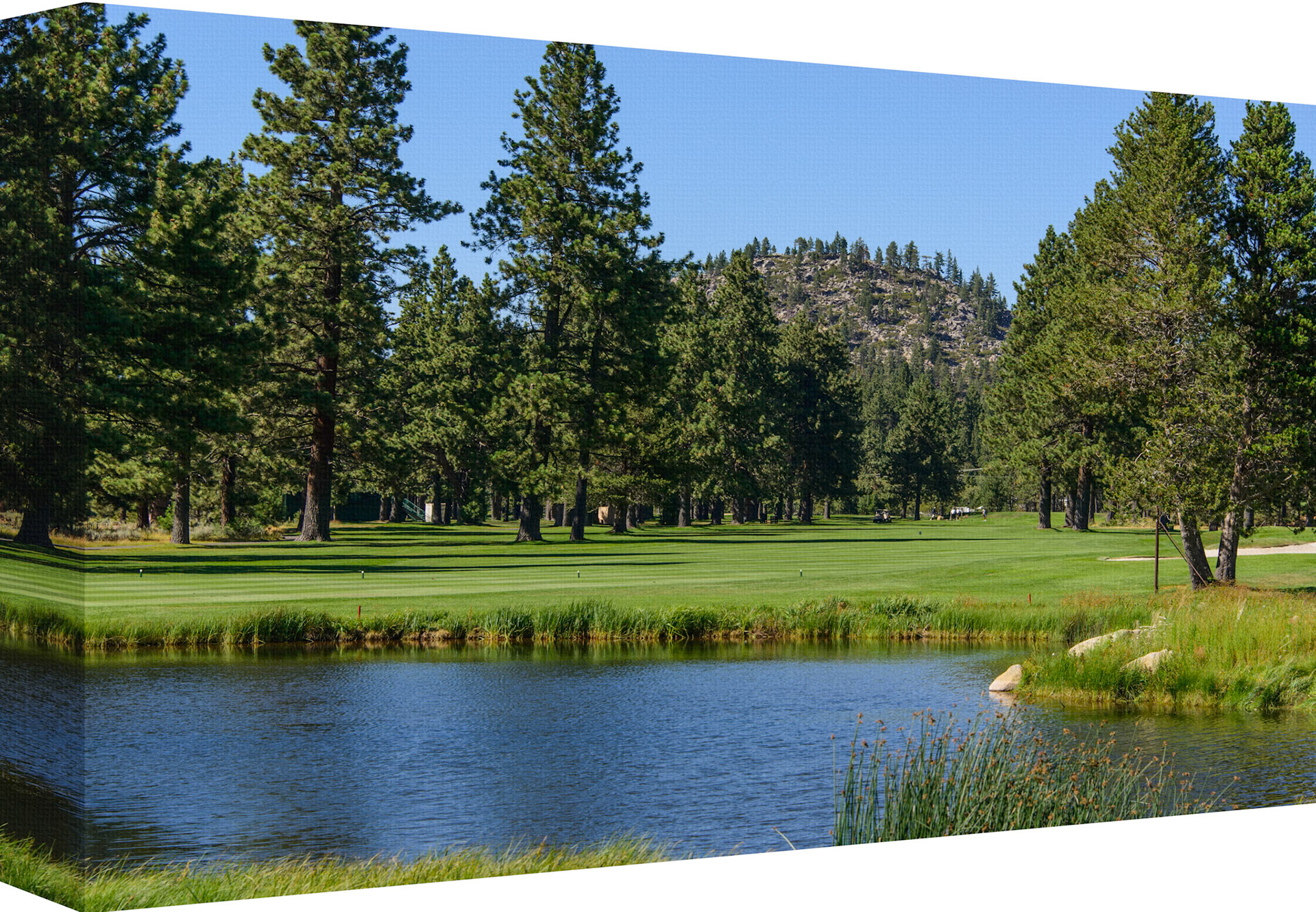 A Place were Amateurs and Pros alike can find. This Canvas Photo captures the beauty and challenge of a water hazard on a golf course. The water hazard is an area of ground and water within the margin of a pond, where golfers must avoid hitting their balls or face a penalty. The photo shows the contrast between the green grass and the blue water, as well as the reflection of the sky and trees on the pond's surface.