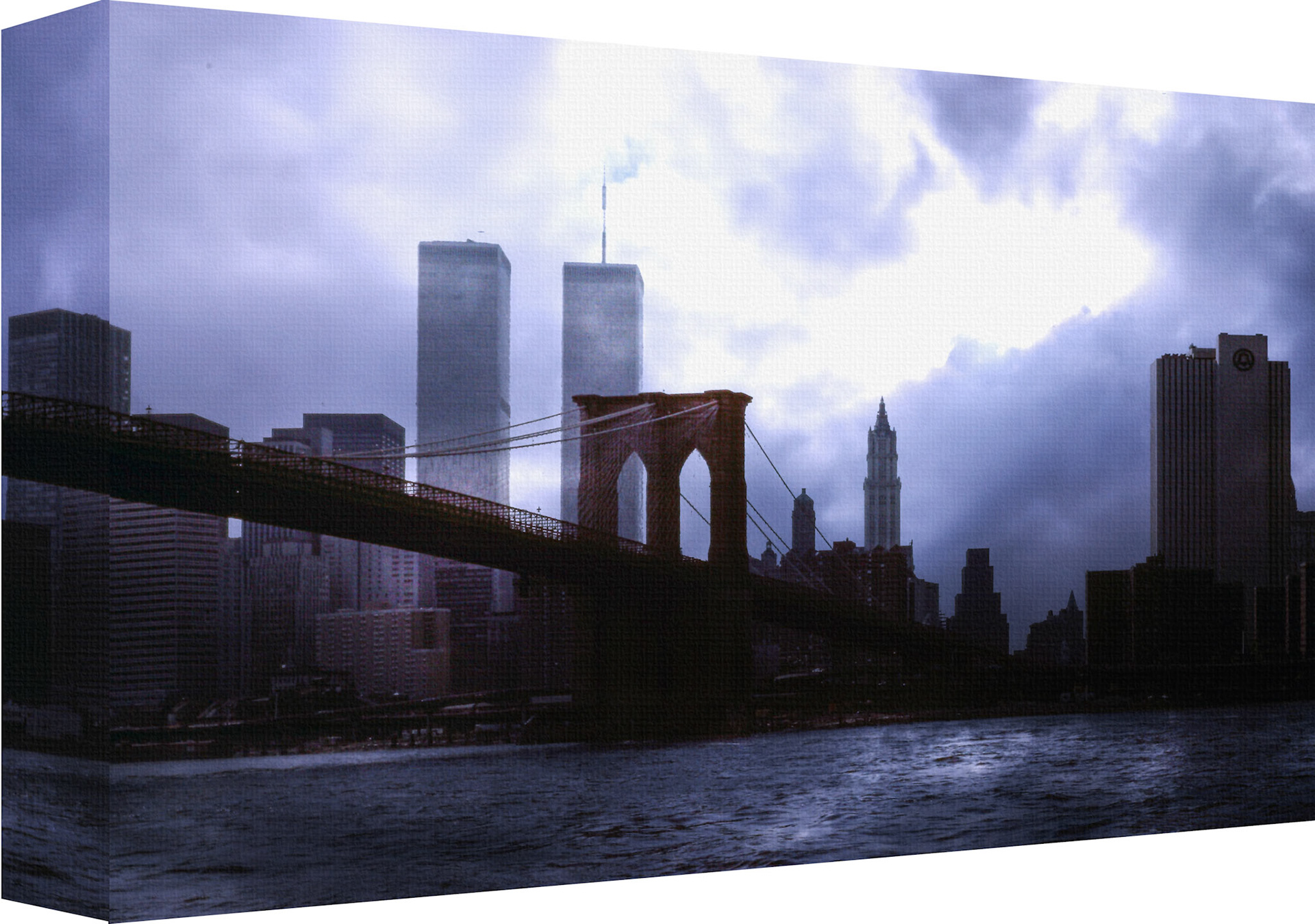 An artistic representation of the New York skyline, showcasing the iconic Twin Towers of the World Trade Center, with the Brooklyn Bridge prominently in the foreground, symbolizing the enduring legacy of our history.