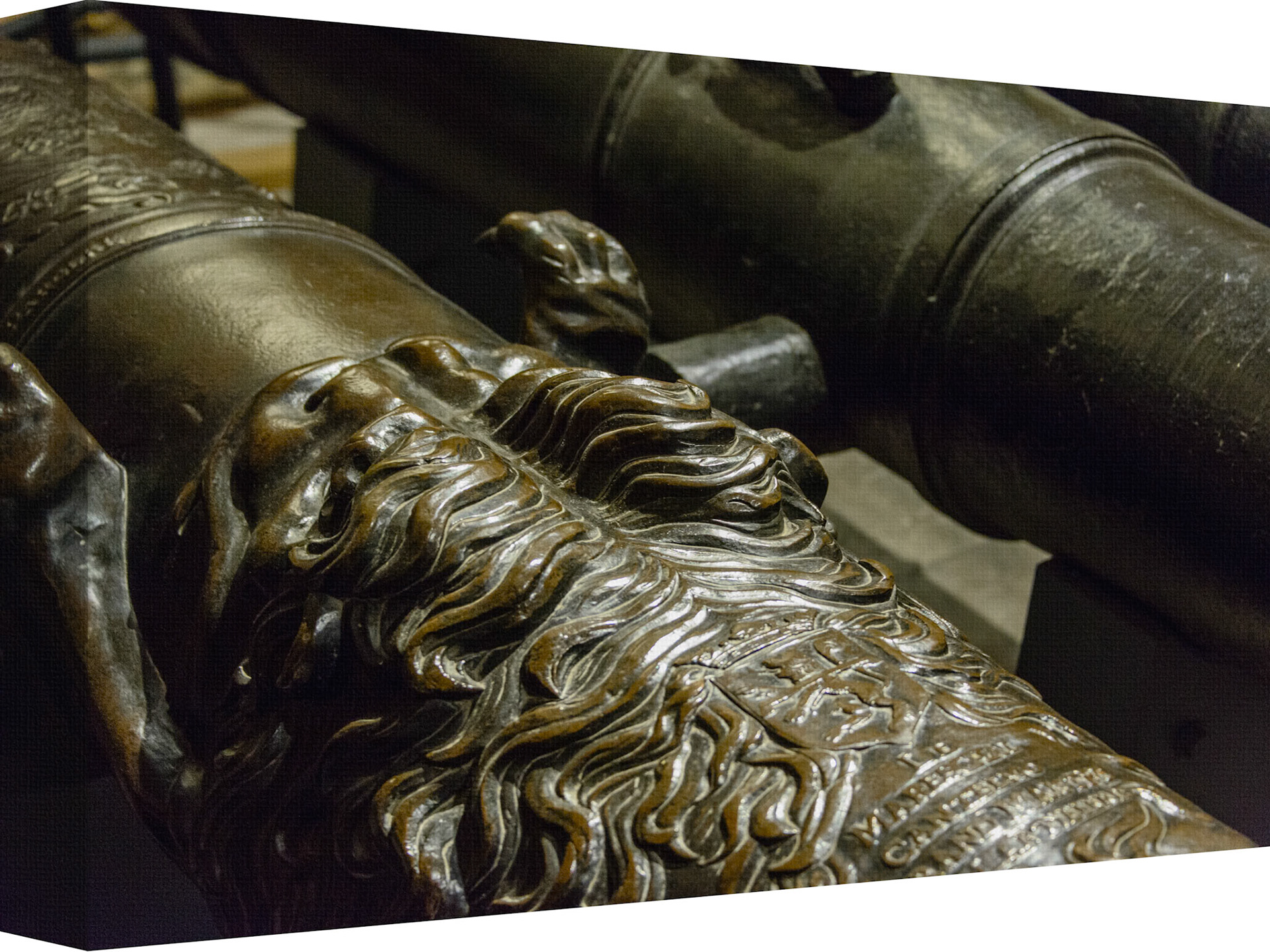 This captivating photograph features a close-up view of an intricately detailed cannon. The cannon's surface is adorned with elaborate engravings, including a lion's head and mane, rendered with exceptional clarity and depth. The textures of the metalwork are highlighted by the lighting, creating a contrast between the polished ornate areas and the darker, smoother parts of the cannon. This image is particularly interesting due to its focus on the juxtaposition of artistry and warfare; it showcases how objects designed for conflict are often embellished with significant craftsmanship and aesthetic consideration.