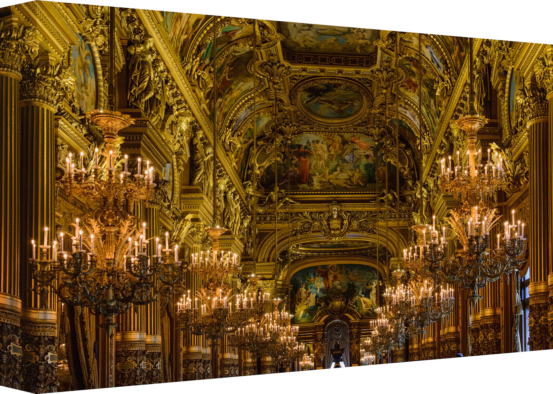 The Canvas Artwork of Halls of Gold depicts the magnificent interiors of the Opera House in Paris, adorned with golden sculptures and paintings. The artist captures the elegance and splendor of the historic building, as well as the contrast between the light and the shadows. The artwork invites the viewer to imagine the rich cultural and musical events that took place in these halls.