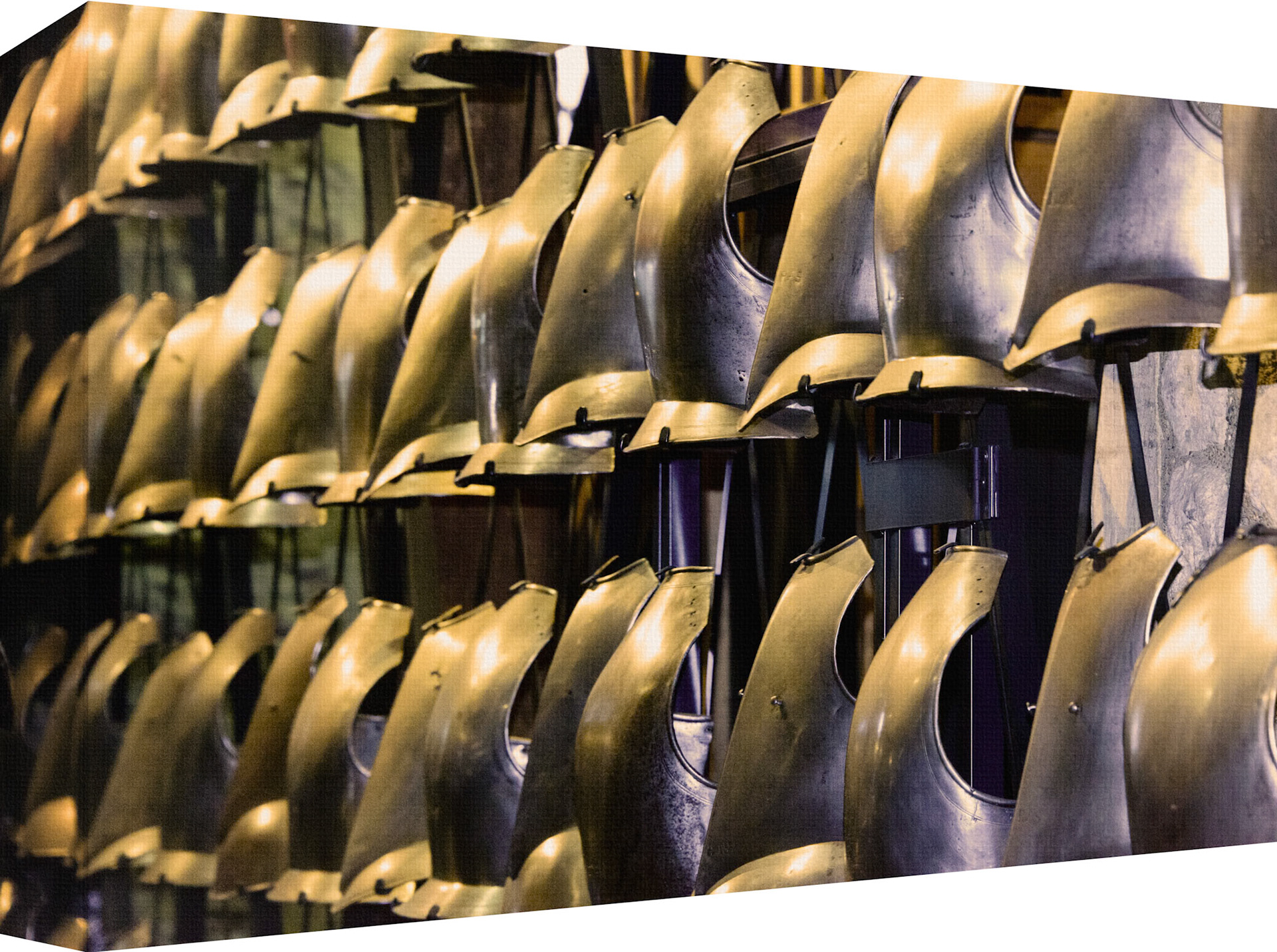 This evocative image features a row of metallic breastplates, reminiscent of historical suits of armor, arranged in a solemn display. Each breastplate, with its prominent, rounded chest design, is mounted on wooden stands, creating a striking visual contrast. The dimly lit background accentuates the sheen of the metal surfaces, evoking a sense of historical significance and remembrance. The arrangement of the armor pieces can symbolize themes of defense, protection, conflict, and readiness for battle—metaphors often associated with political strategies and histories. This artwork is perfect for those interested in the interplay between history, symbolism, and the enduring nature of political struggles.
