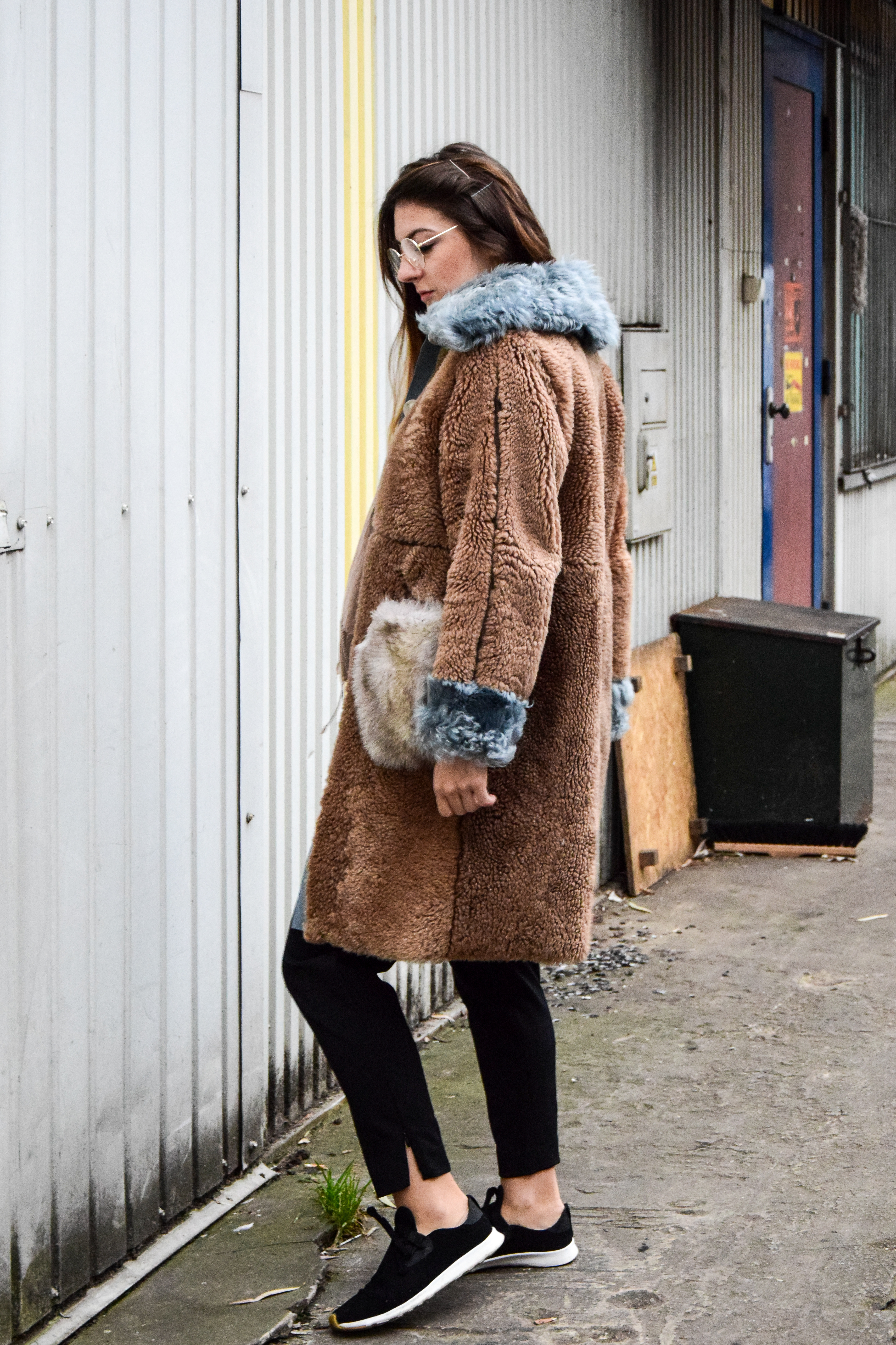 Marta Horovitz - shearling coat with blue details