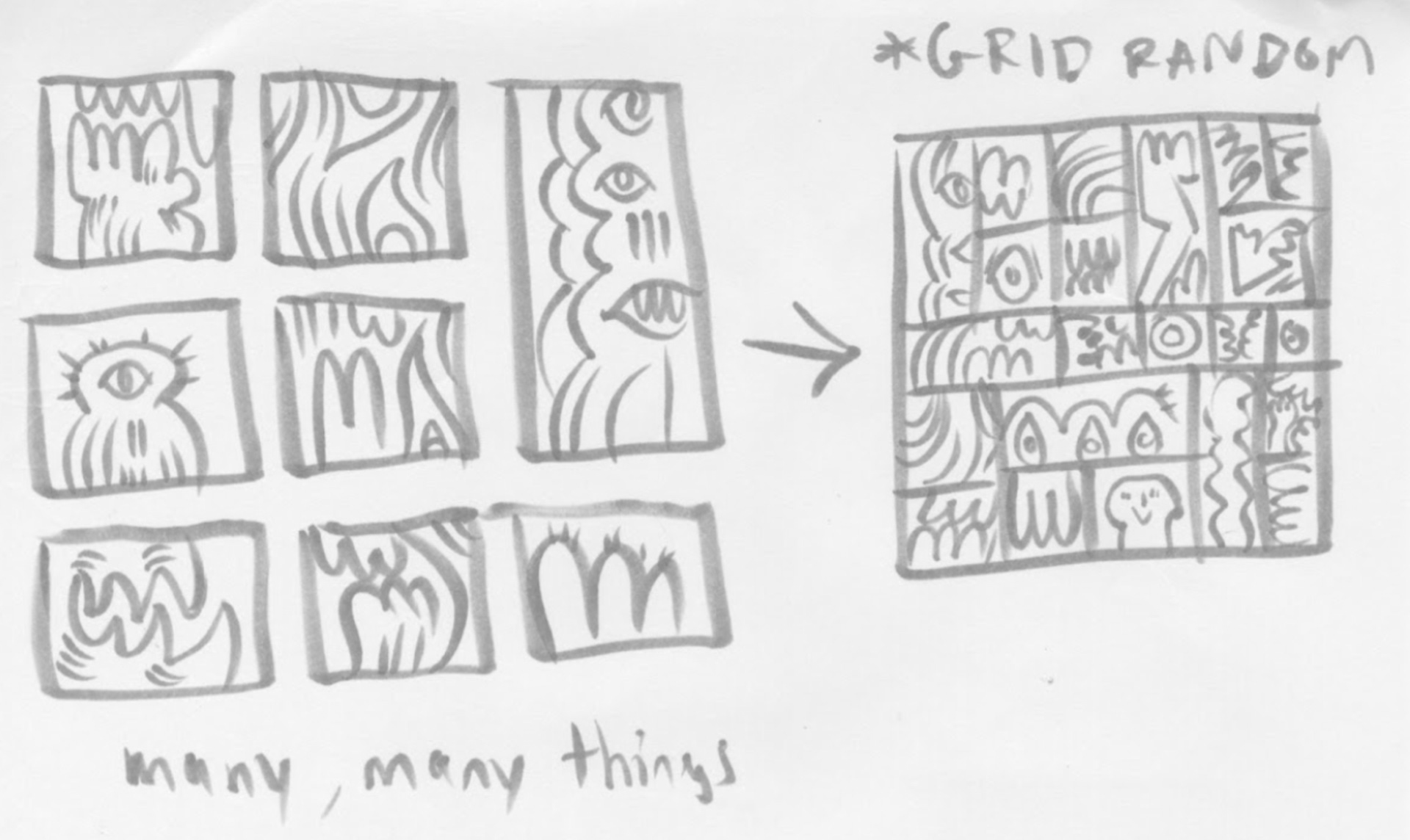 The initial sketched idea of a random grid based interactive artwork
