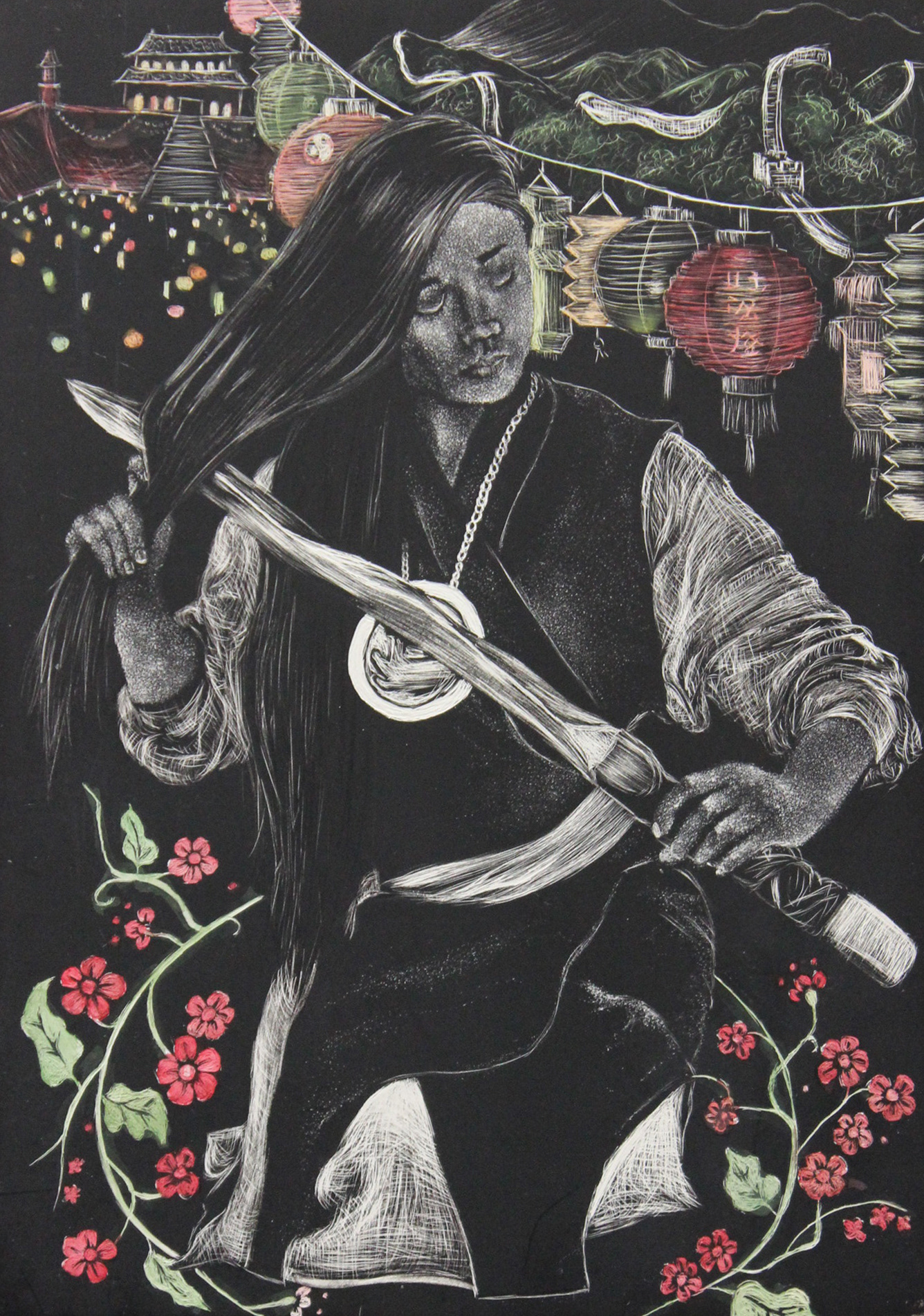 Heroic Honor, 2018, Scratchboard & Watercolor