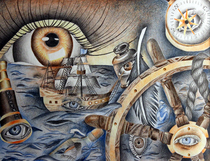 Eye Sea Yah, 2015, Graphite and Colored pencil, 9.75"x 11"