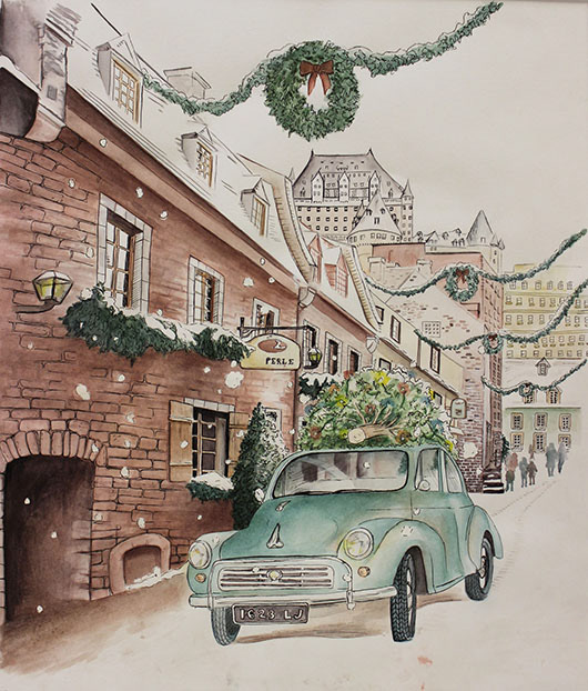 CChristmas Village, 2017, Watercolor & Micron Pen