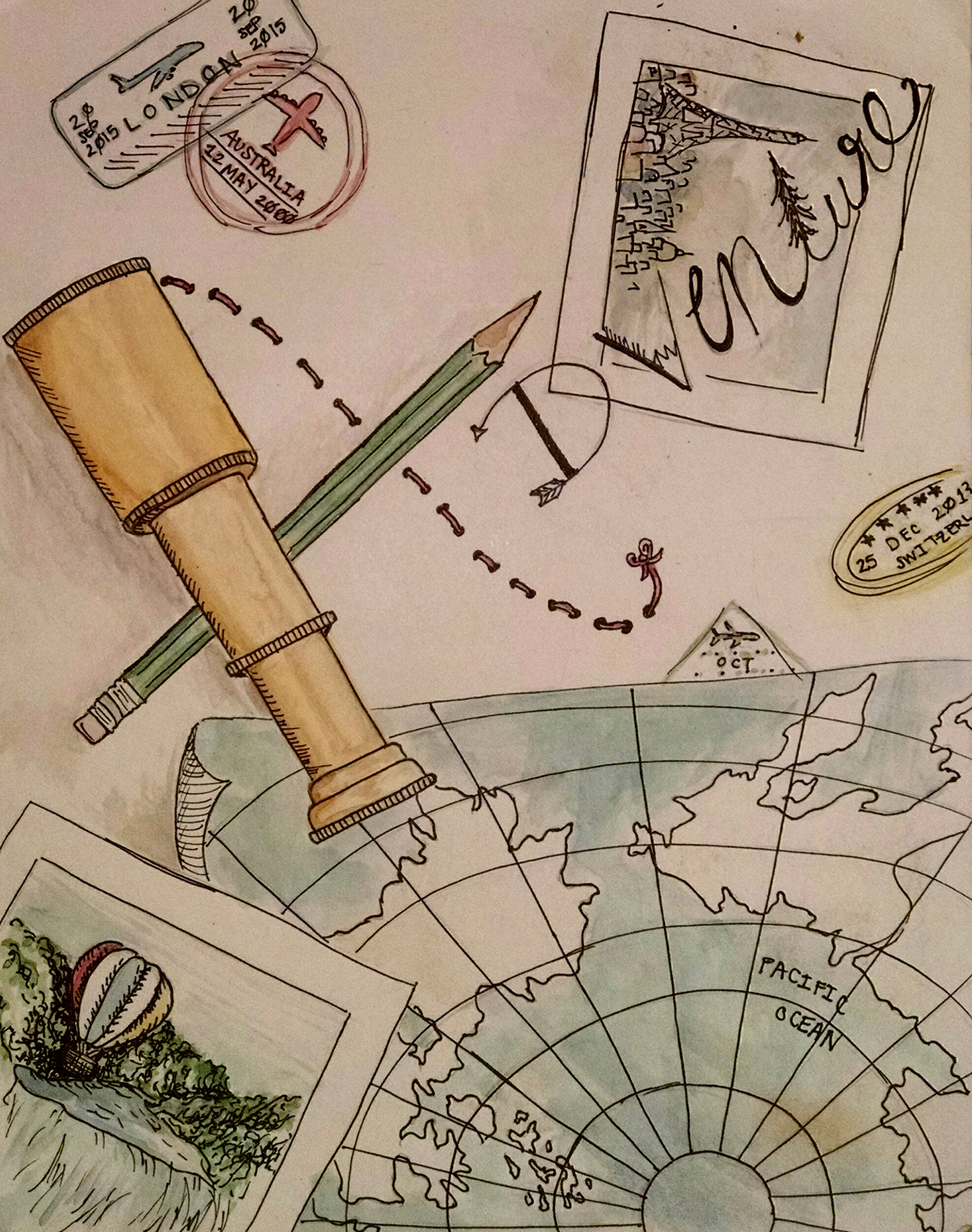 Adventure Awaits, 2017, Watercolor & Micron Pen