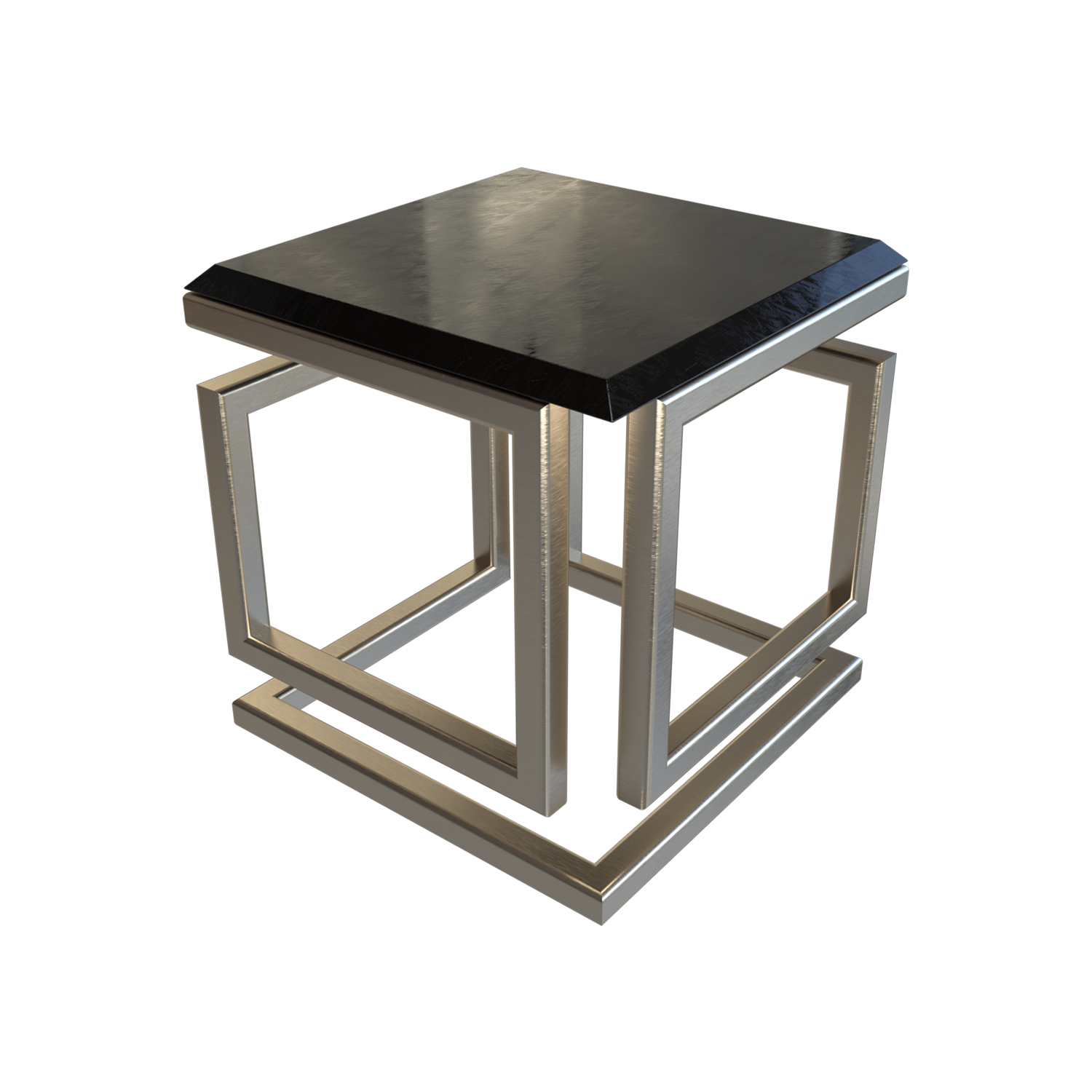 INFINITUM coffee table, stainless steel, solid wood and glass industrial design, SolidWorks Visualize render.