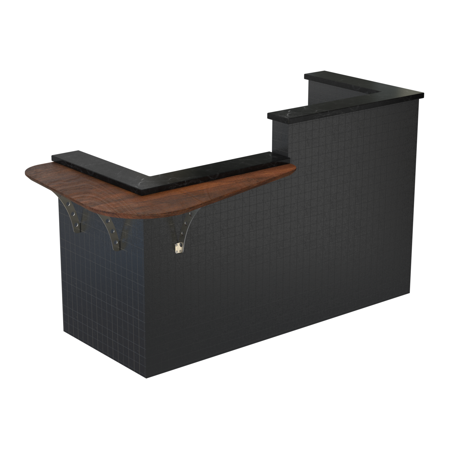 Kitchen island with wood, tiles, and stainless steel, industrial product design, SolidWorks Visualize render.