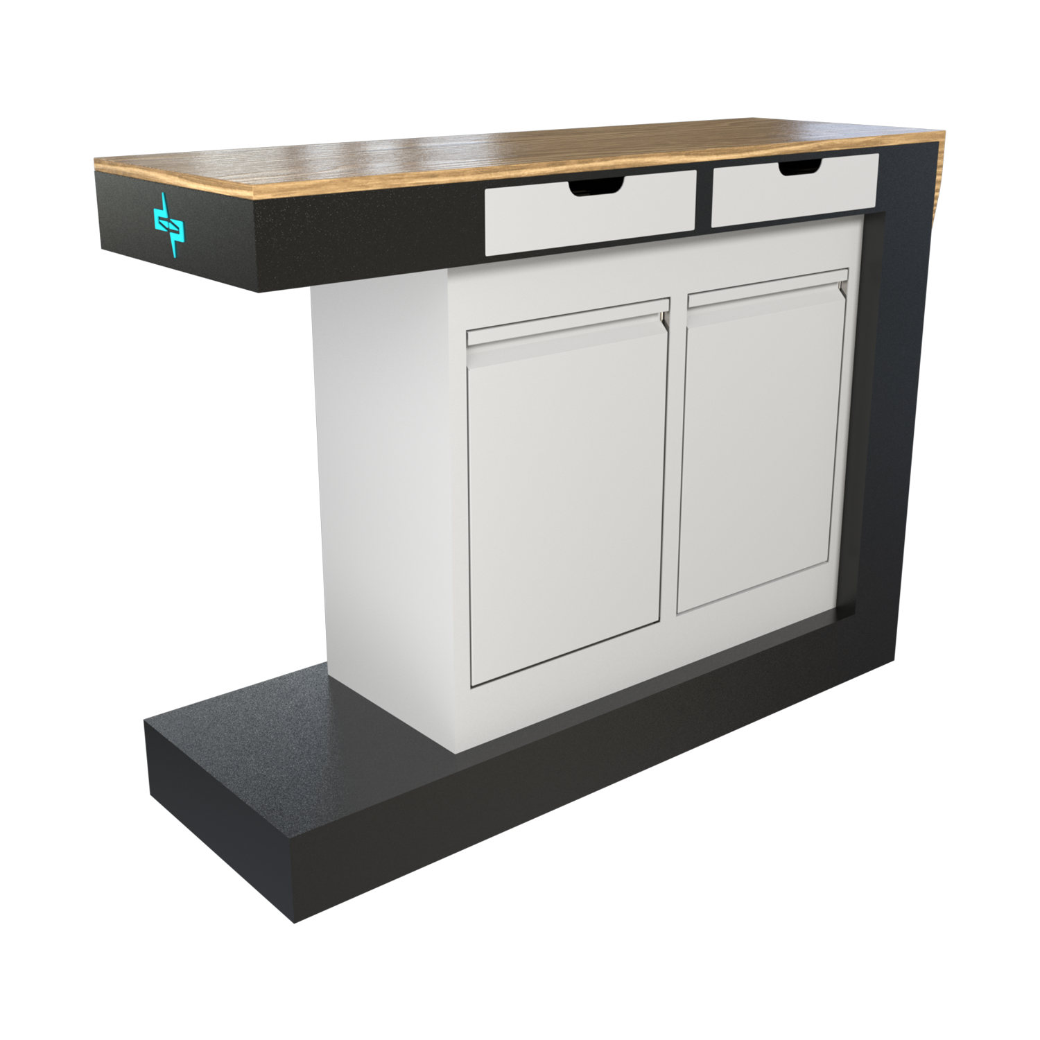 Reception desk, steel and wood industrial product, designed in SolidWorks, Visualize render.
