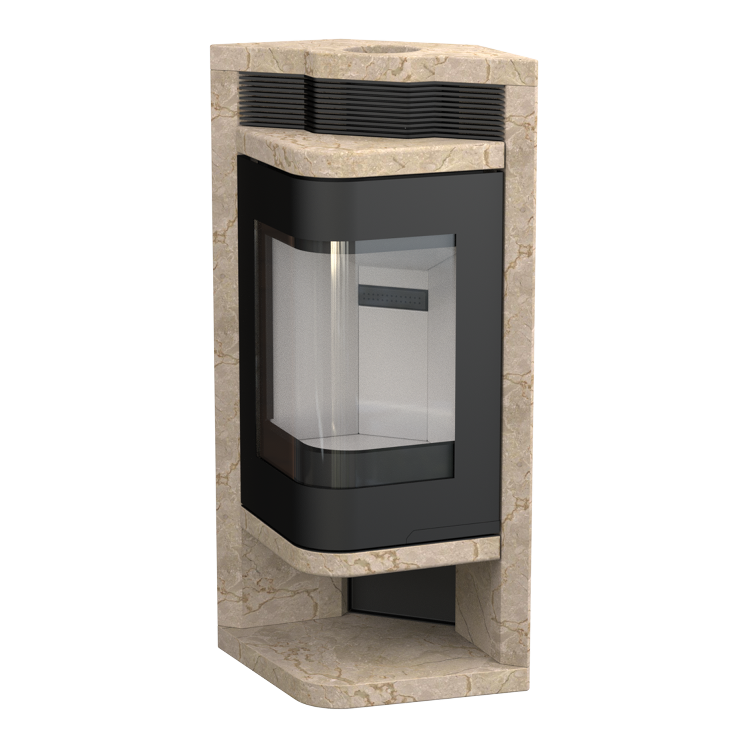 MYTH fireplace stove industrial design, steel DD11, sandstone and refractory cement materials, SolidWorks Visualize render.