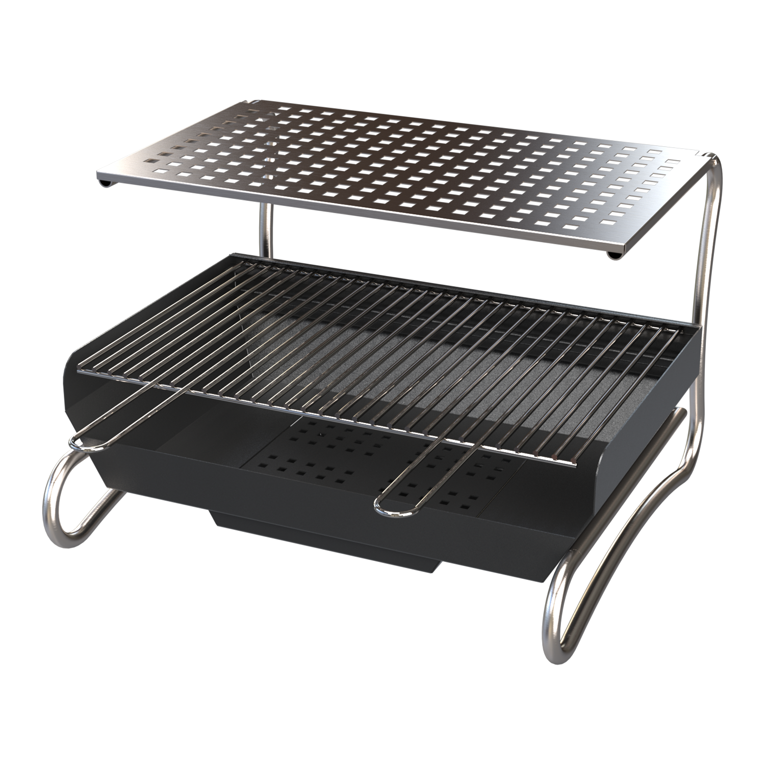 Basic tabletop grill made from steel sheet metal designed in SolidWorks with photorealistic render in SolidWorks Visualize product design