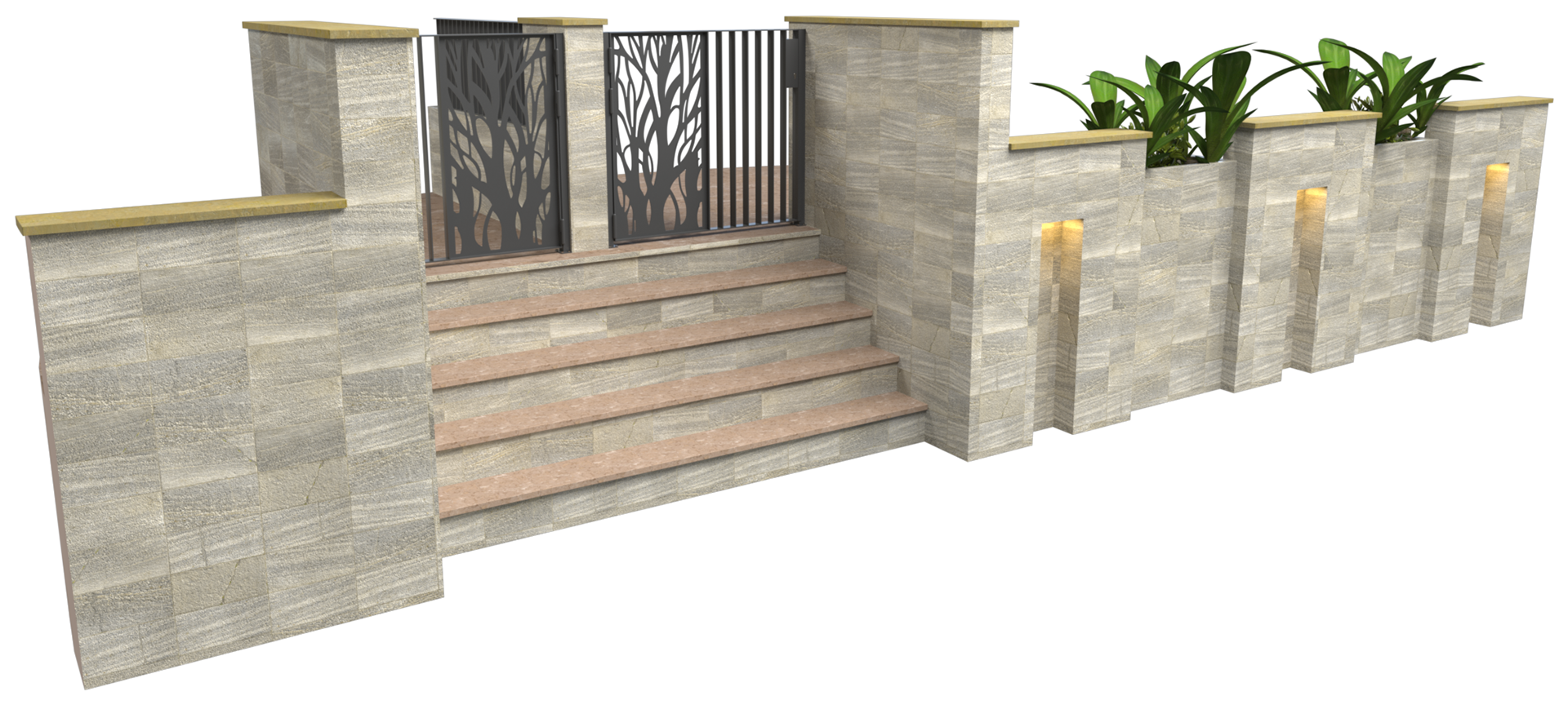 Cast-in-place concrete fence with stone cladding and steel entrance gate designed in SolidWorks and rendered in SolidWorks Visualize for architectural and industrial project