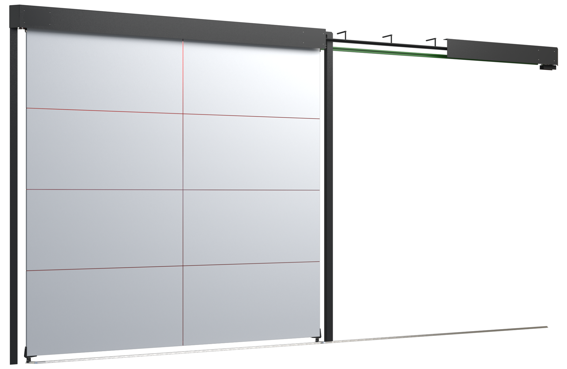Recessed sliding gate system for production entry made of steel sheet metal designed in SolidWorks with photorealistic render in SolidWorks Visualize industrial product design