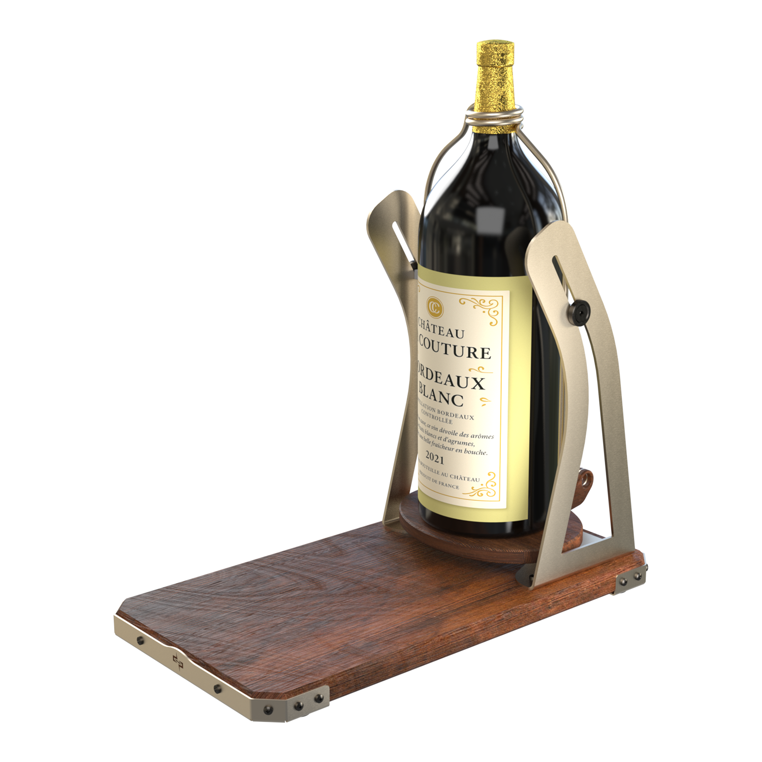 Salmanazar bottle display pourer, wood and stainless steel AISI 304, industrial product design SolidWorks Visualize render.