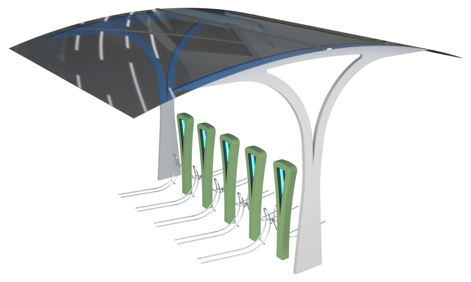 MC-2T canopy for charging e-bikes made of steel sheet metal designed in SolidWorks with high-quality SolidWorks Visualize render industrial product