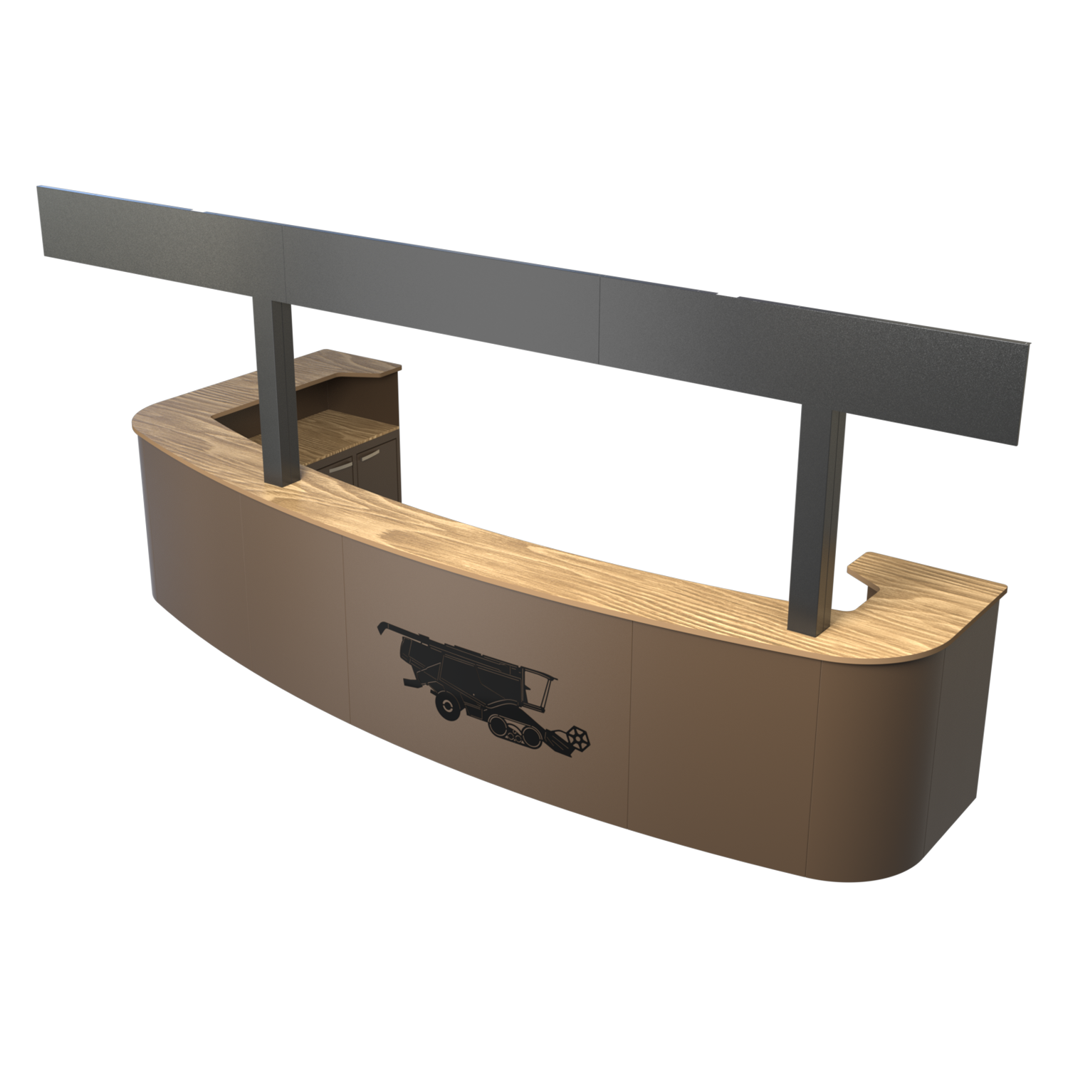 Reception desk, steel and wood industrial product, designed in SolidWorks, Visualize render.