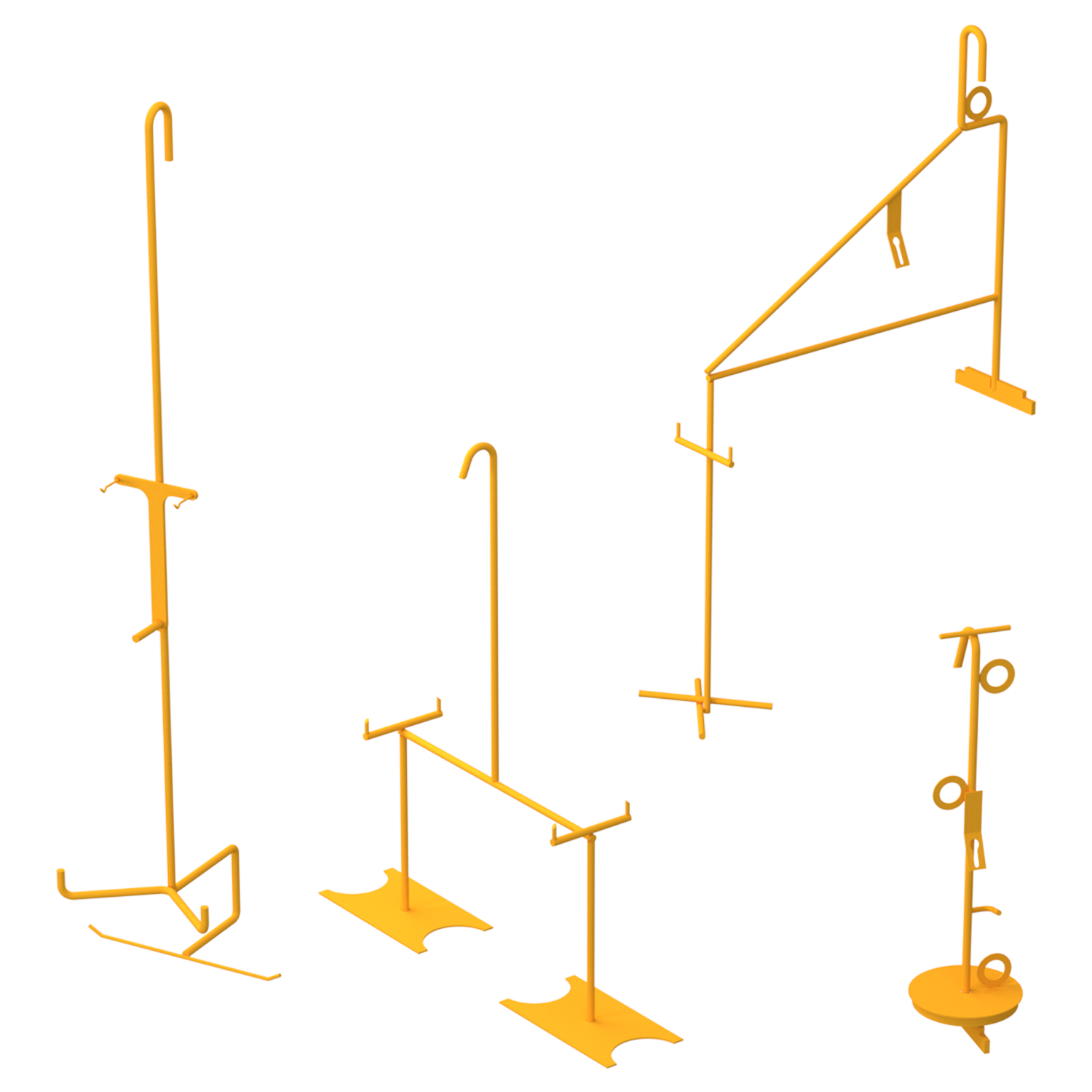 Suspension fixtures for parts during powder coating or abrasive blasting, allowing even exposure and coating coverage during surface treatments. Designed in SolidWorks