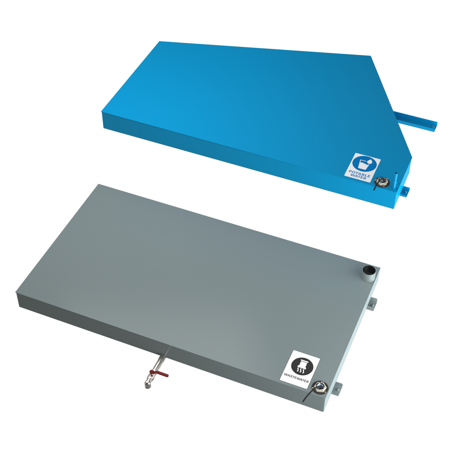 Modular water storage tanks for mobile setups, suitable for transportable systems requiring compact and configurable fluid reservoirs. Designed in SolidWorks