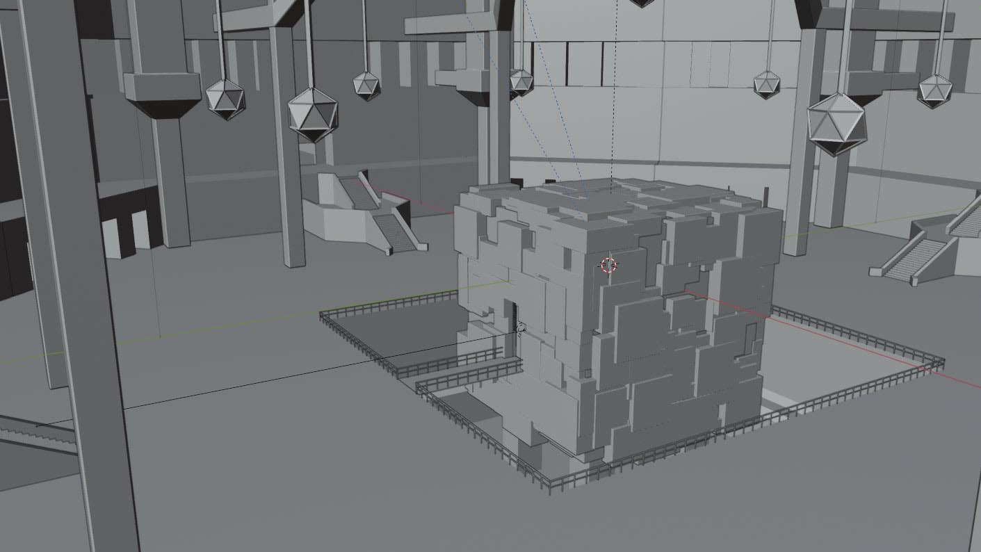 Interior of the pyramid with the simulation running in the center
