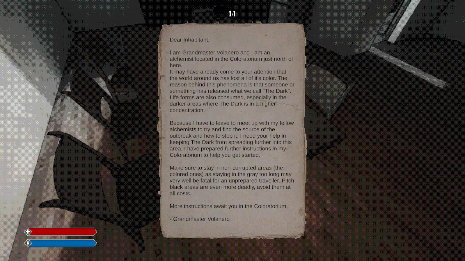 The letter from the Grandmaster, the first note in the game