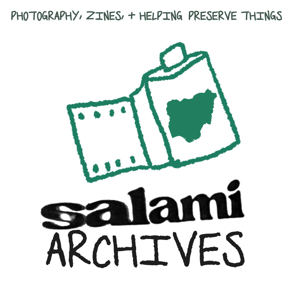 "Photography, Zines, + Helping Preserve Things. Salami Archives" handwritten font with sketch of film camera over black and white baby photo of a yoruba child in a hat. .