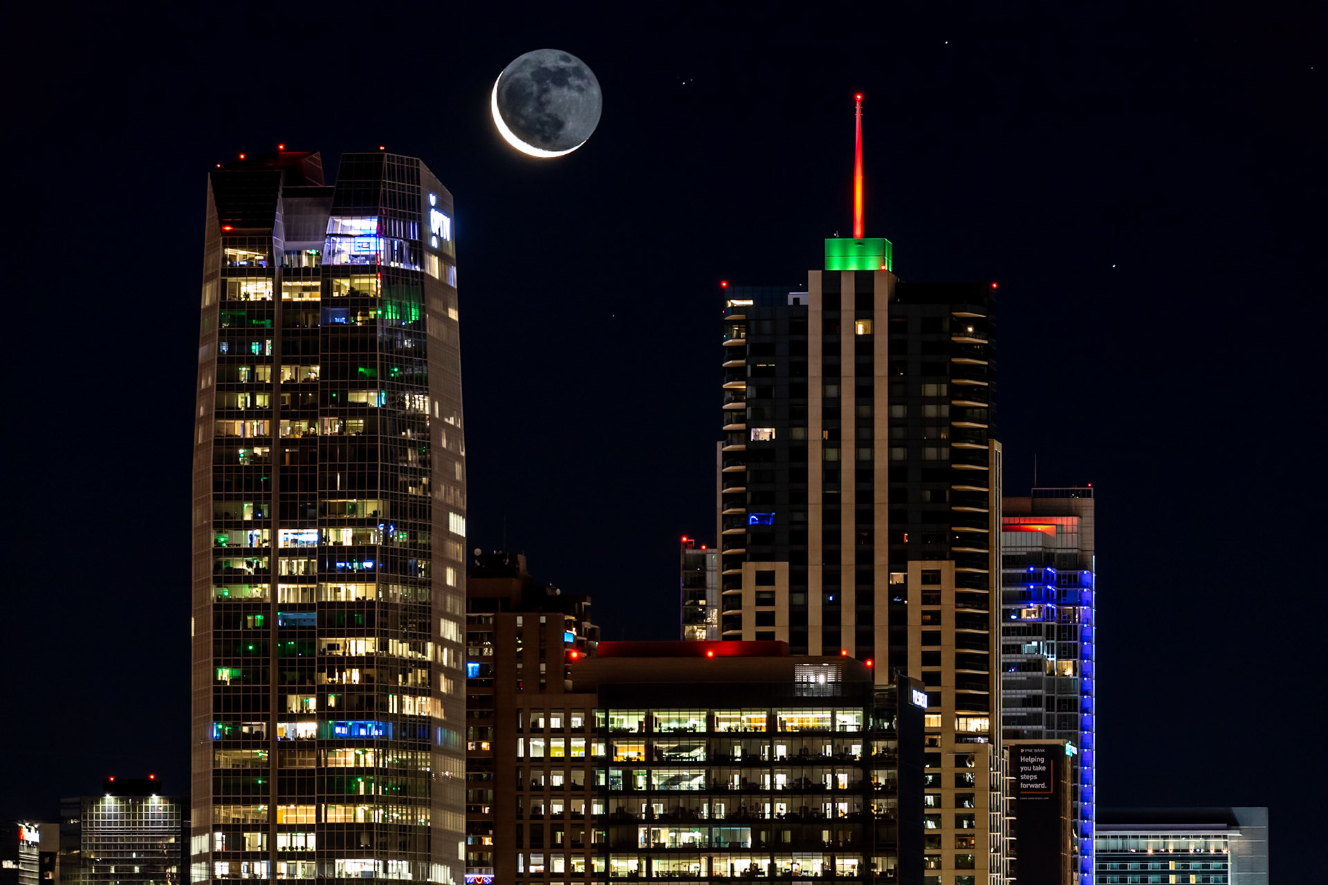 Downtown Denver crescent moon 2