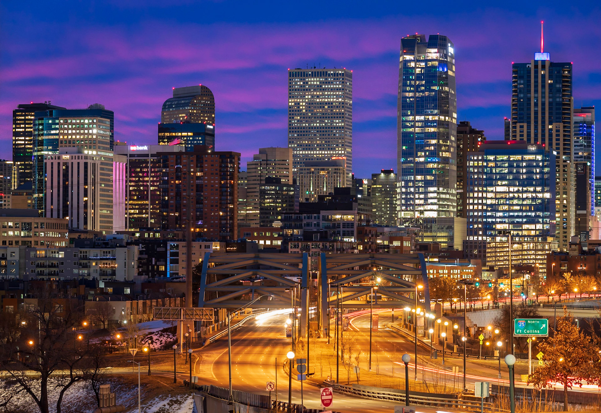 Downtown Denver Speer bridge before sunrise