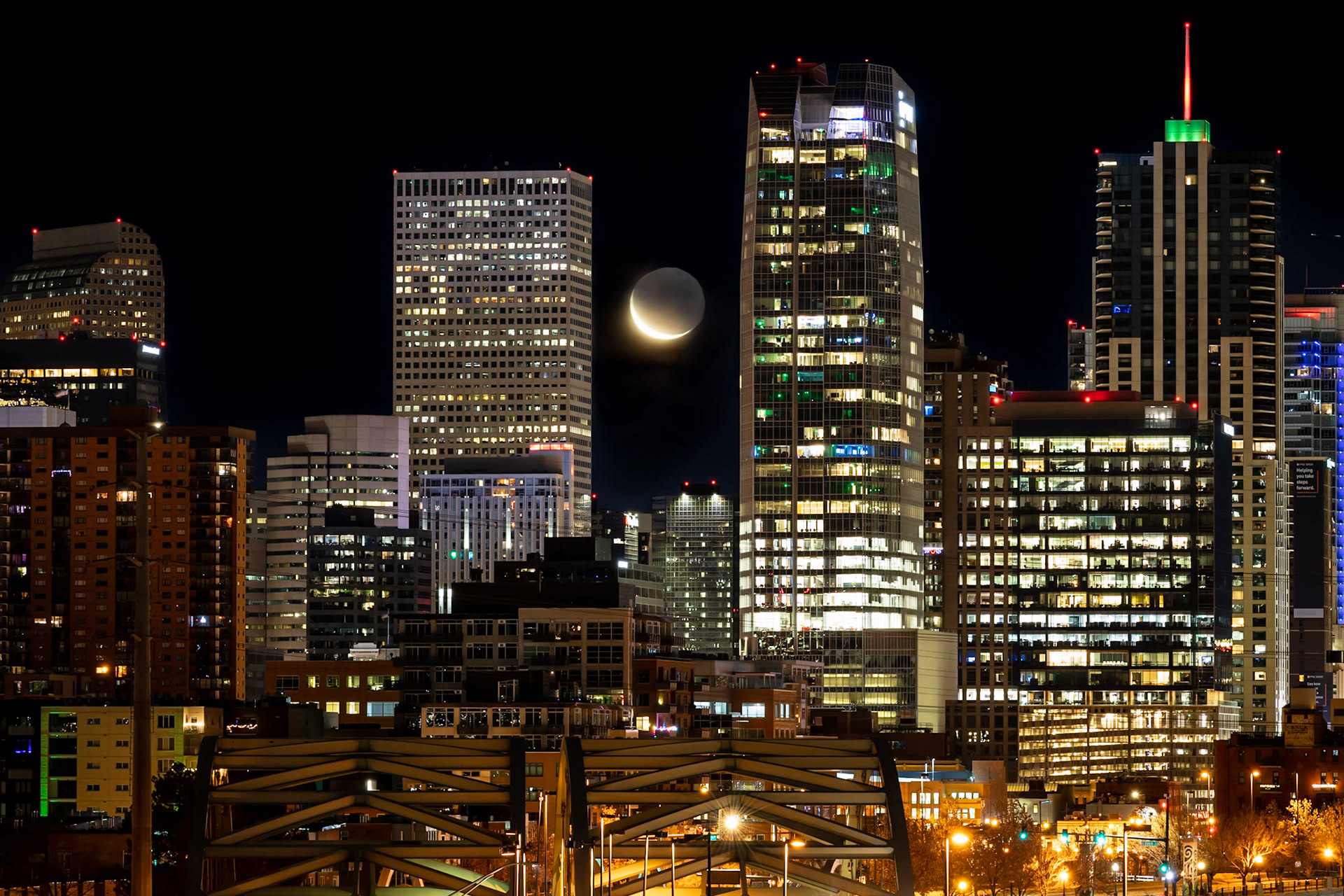 Downtown Denver crescent moon 1
