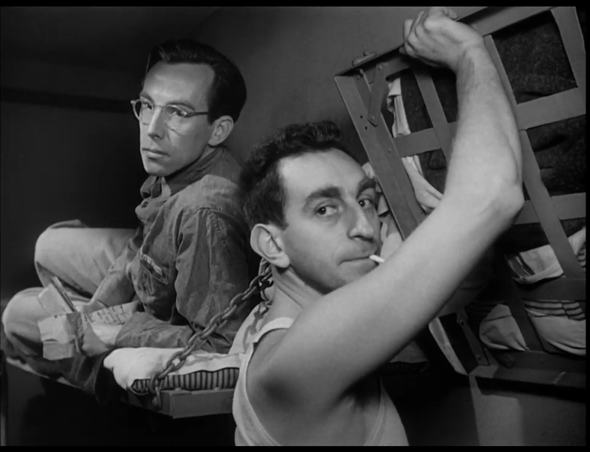 Whit Bissell (left) and Jeff Corey (right) as Tom Lister and "Freshman" Stack