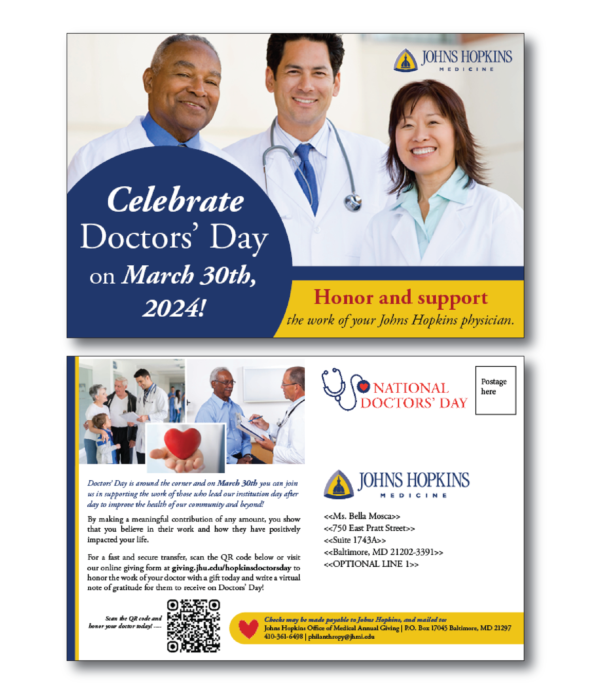 Postcard Mailer for Johns Hopkins Doctors' Day