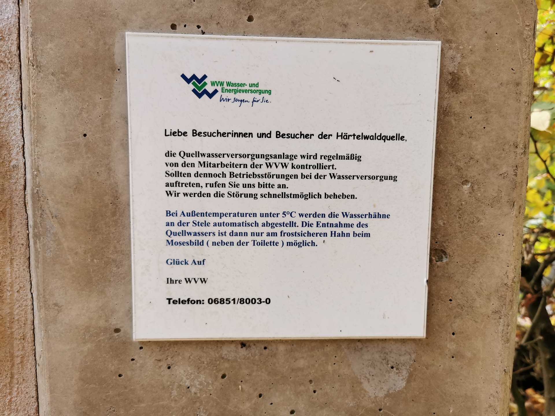 Hinweis des örtlichen Wasserversorgers WVW