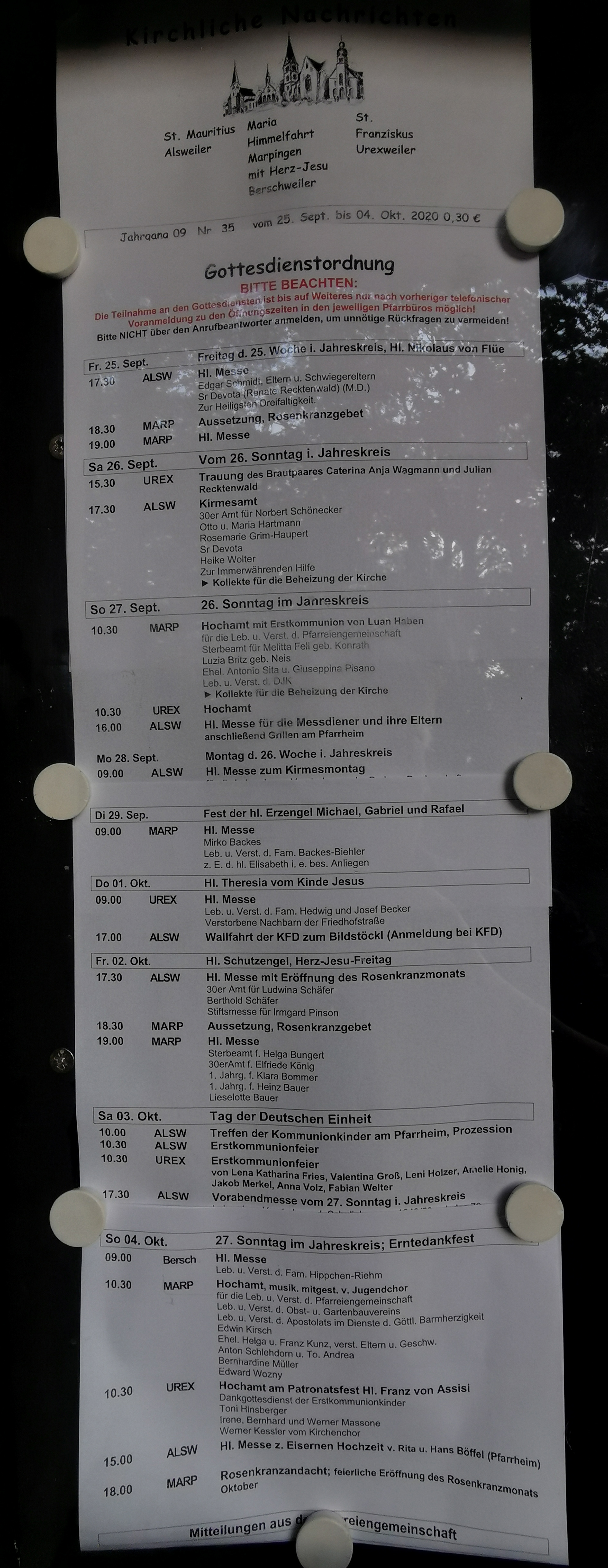 Gottesdienstordnung St. Mauritius Alsweiler, Maria Himmelfahrt Marpingen mit Herz-Jesu Berschweiler und St. Franziskus Urexweiler