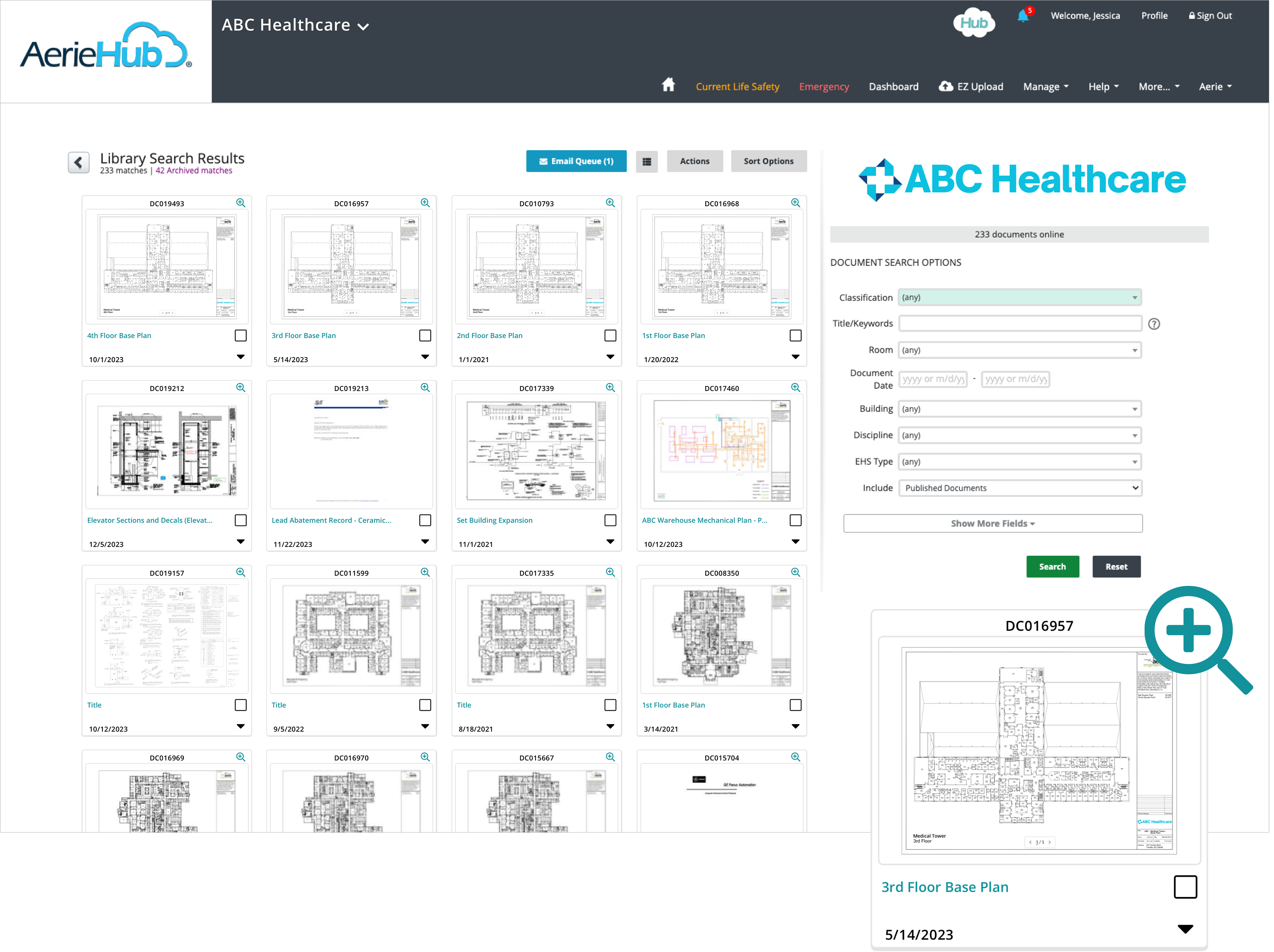 Preview a document with slideshow view by selecting the magnifying glass icon on the top right corner of any document search result
