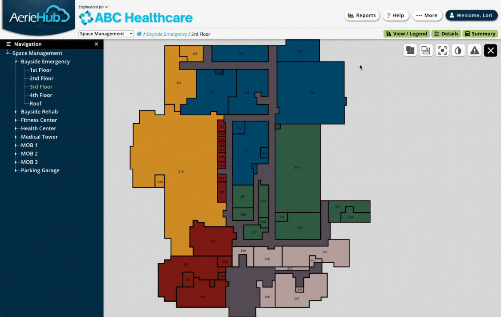 Color-coded spaces that change based on chosen data views