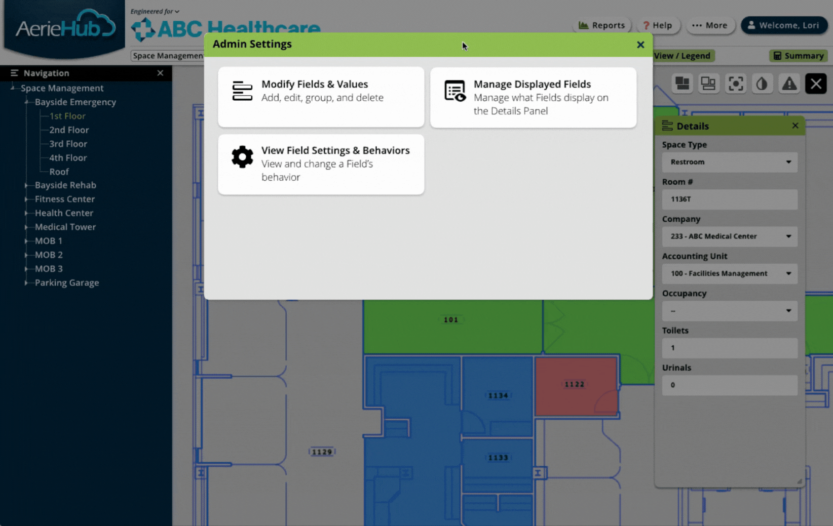 To allow users to maintain their visual context, field management was integrated directly over the floor plan view