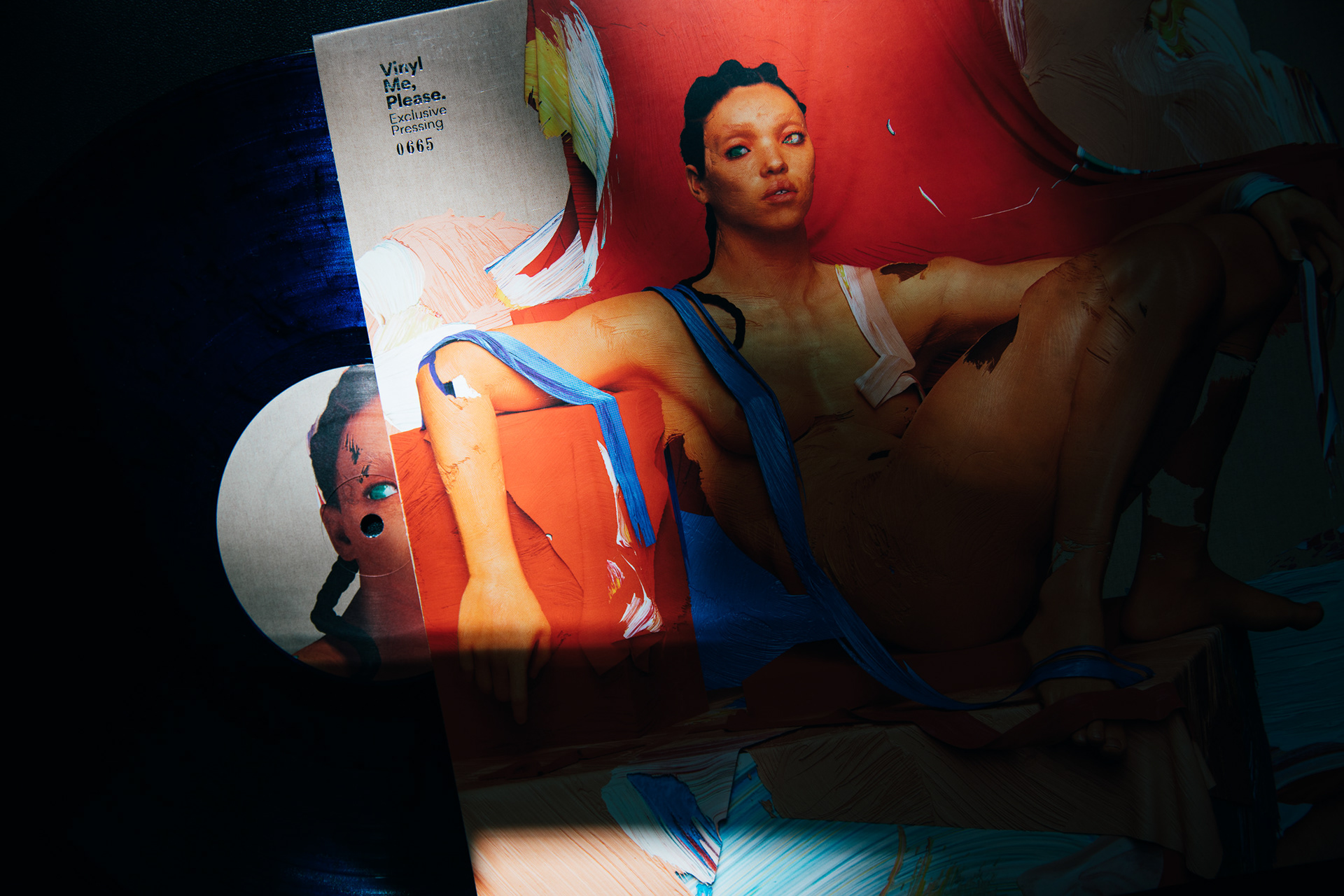 album cover and record laid out on a colorful backdrop, vinyl record photography by Chris Stokes