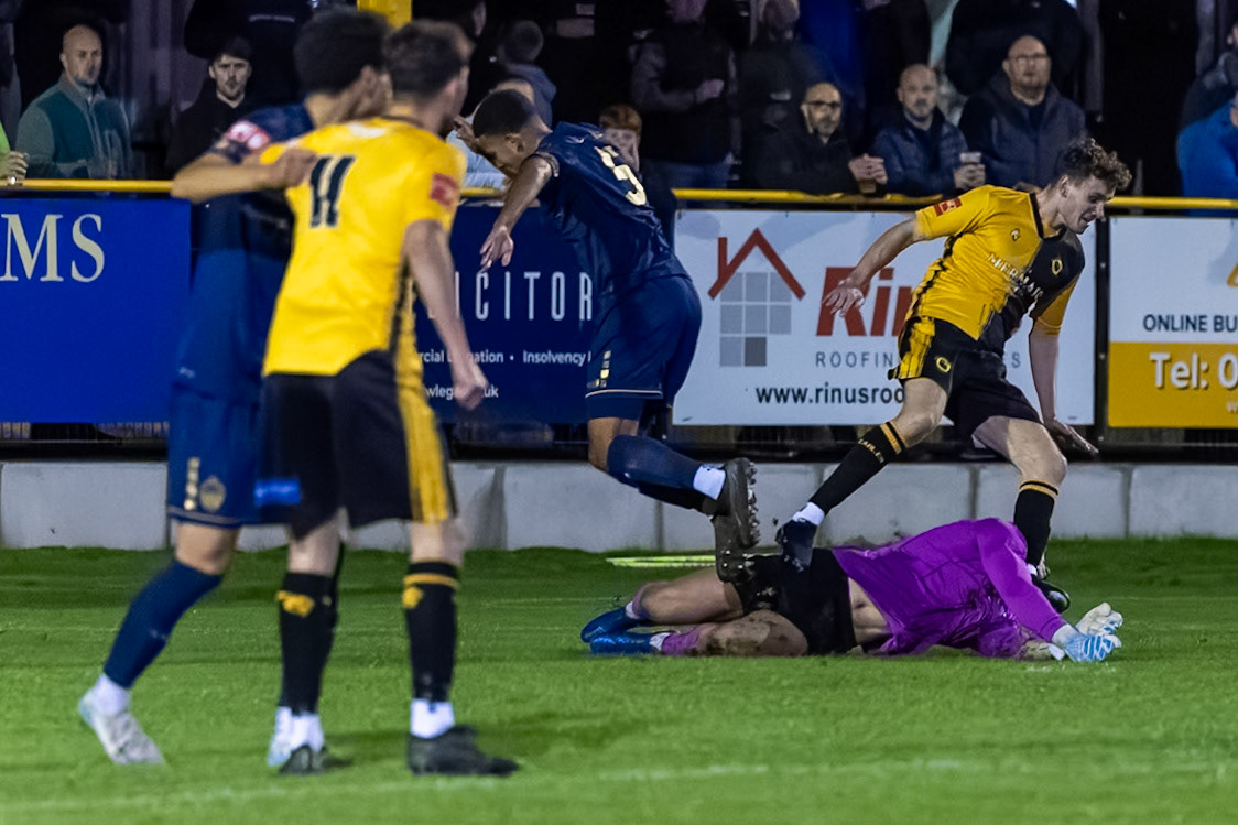 Prescot, ENGLAND -  during the NPL Premier Division match between Prescot Cables and  Warrington Town  at The Auto Safety Centre StadiumCanon Canon EOS R3 12800 1/1600 2.8 (Pic by John Middleton)