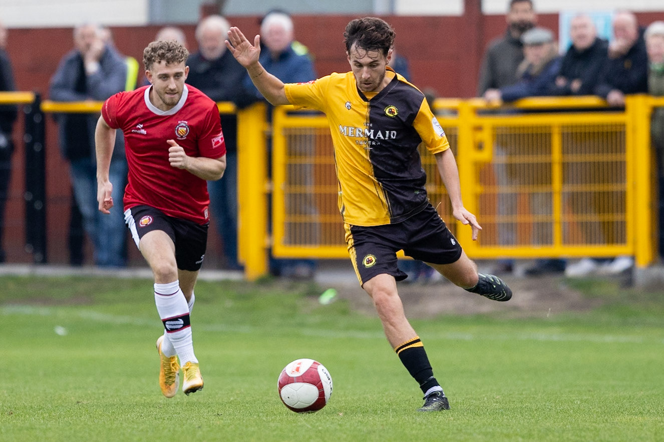 Prescot, ENGLAND -  during the NPL Premier Division match between Prescot Cables and  FC United  at The Auto Safety Centre StadiumCanon Canon EOS R5 1250 1/2000 2.8 (Pic by John Middleton)