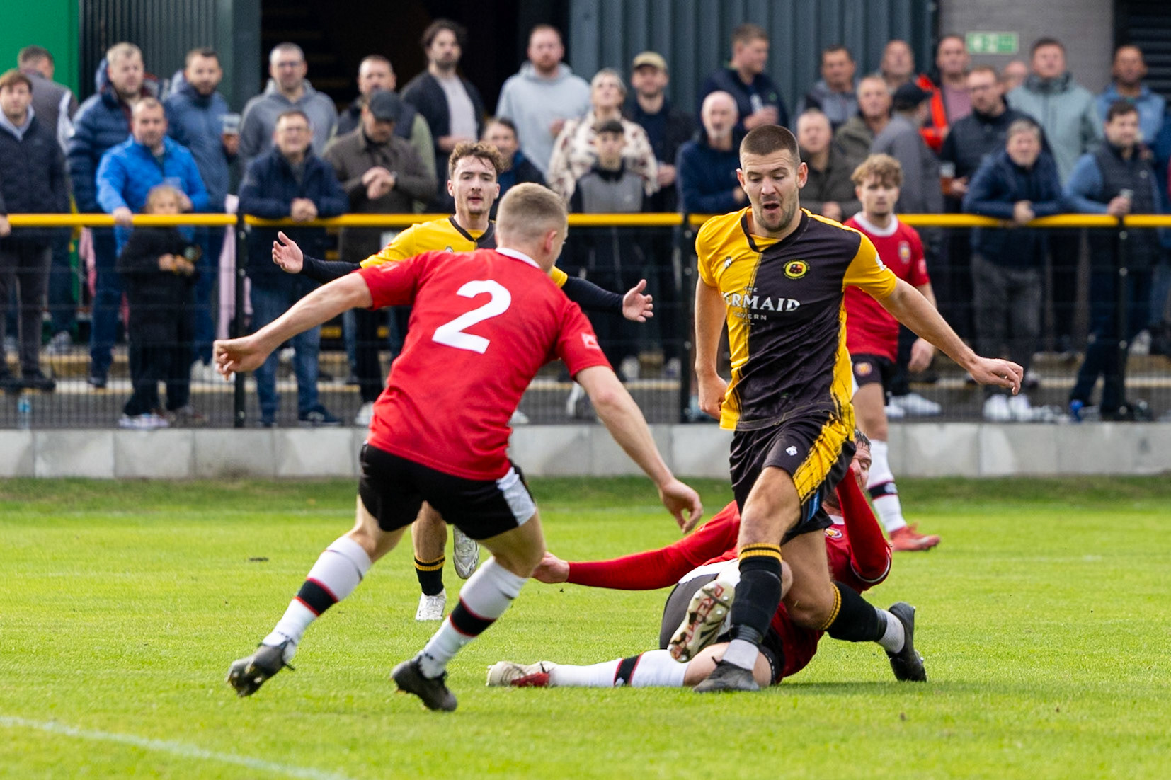 Prescot, ENGLAND -  during the NPL Premier Division match between Prescot Cables and  FC United  at The Auto Safety Centre StadiumCanon Canon EOS R3 800 1/3200 2.8 (Pic by John Middleton)