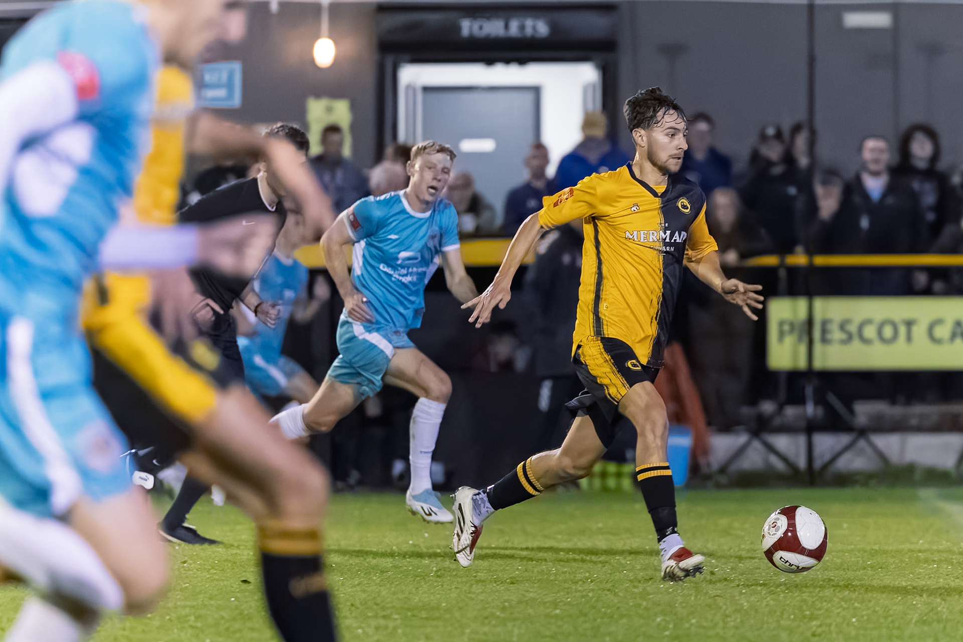 Prescot, ENGLAND -  during the NPL Premier Division match between Prescot Cables and  Lancaster City  at The Auto Safety Centre StadiumCanon Canon EOS R3 12800 1/1000 2.8 (Pic by John Middleton)