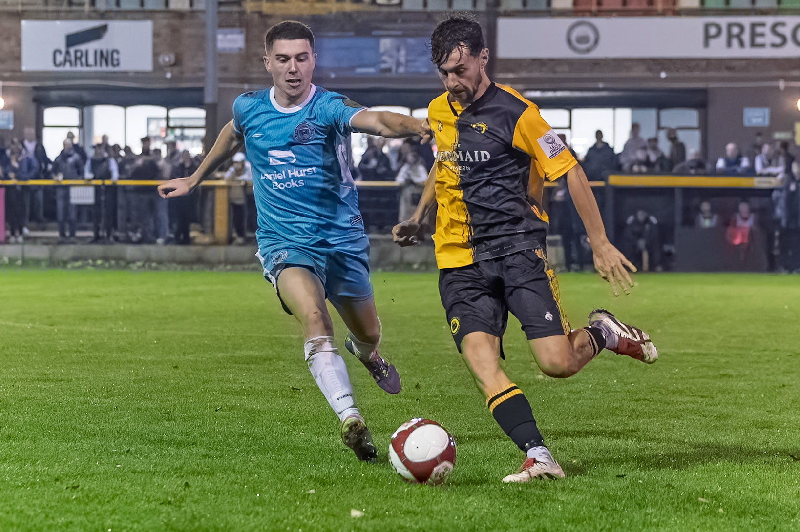 Prescot, ENGLAND -  during the NPL Premier Division match between Prescot Cables and  Lancaster City  at The Auto Safety Centre StadiumCanon Canon EOS R3 8000 1/1000 2.8 (Pic by John Middleton)