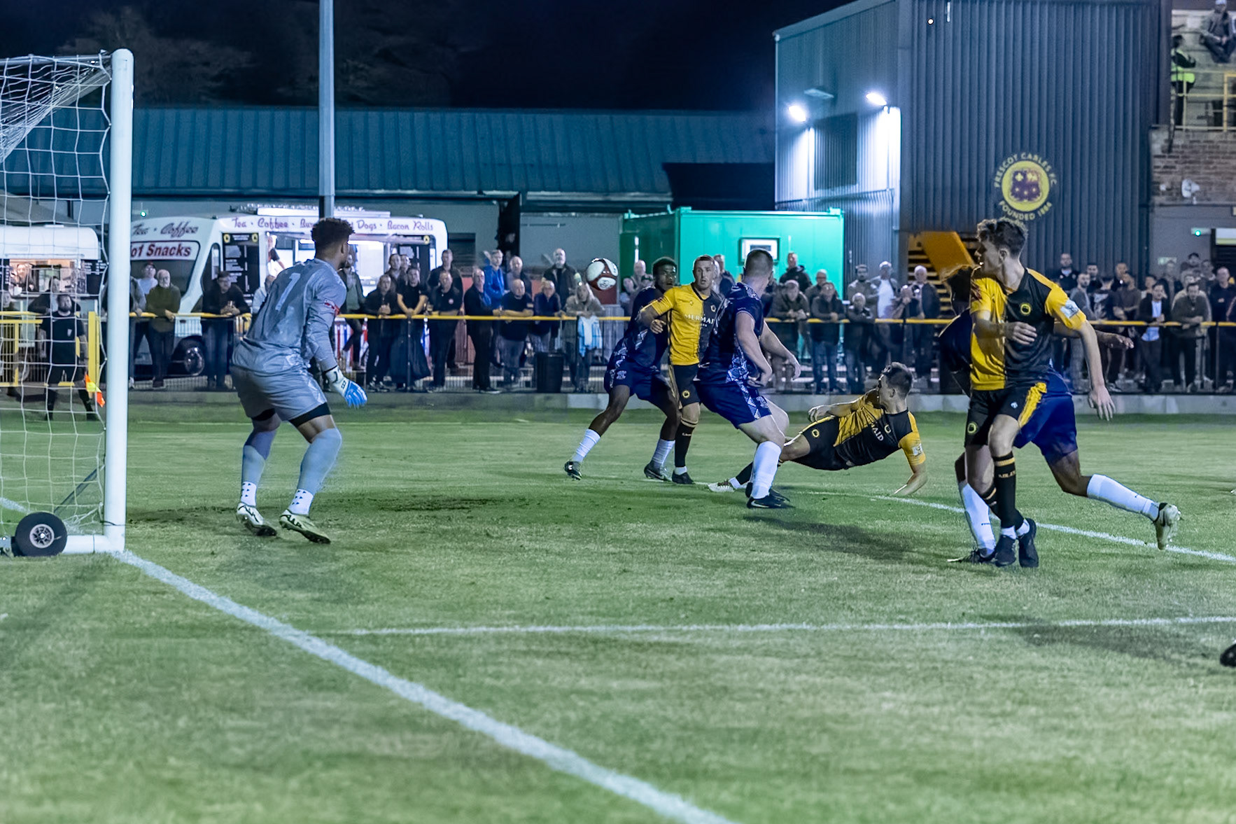 Prescot, ENGLAND -  during the NPL Premier Division match between Prescot Cables and  Leek Town  at The Auto Safety Centre StadiumCanon Canon EOS R3 12800 1/1600 2.8 (Pic by John Middleton)